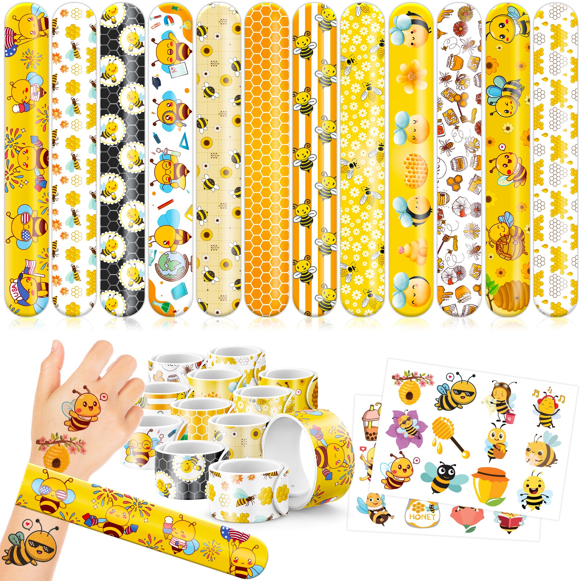 Generic 48PCS Bee Party Favors - 24PCS Tattoos & 24PCS Slap Bracelets - Honey Bee Birthday Supplies, Classroom Prizes, Gifts for Girls & Kids