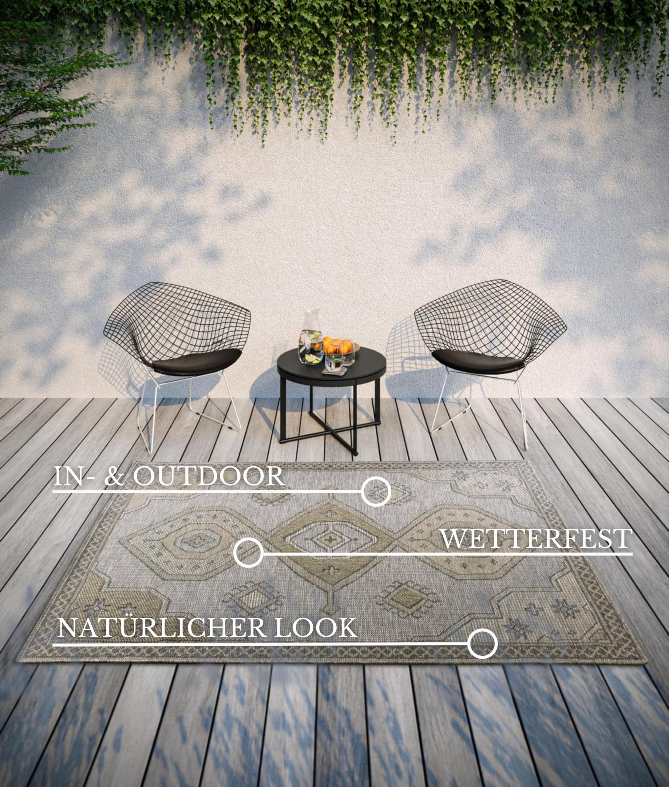 Villeroy & Boch Robert Tappeto moderno per interni ed esterni, in tessuto piatto, boho, etnico, ecologico, resistente alle intemperie e ai raggi UV, per balcone, terrazza, giardino, marrone naturale,