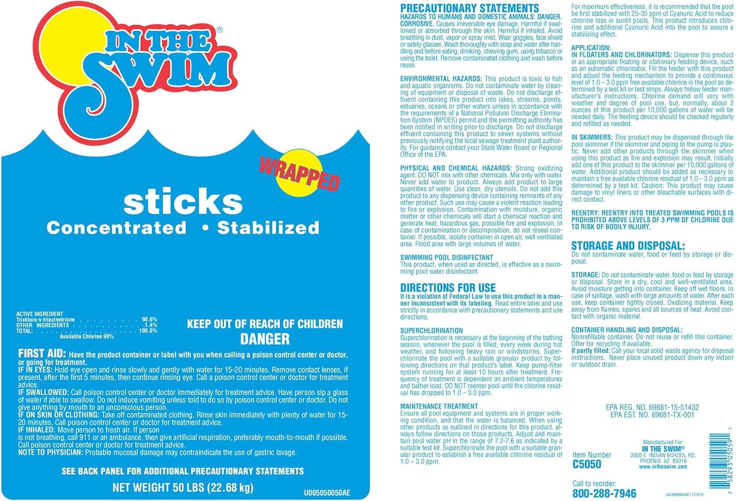 In The Swim 4 Inch Chlorine Sticks for Sanitizing Swimming Pools - Individually Wrapped, Slow Dissolving, Stabilized Chlorine Sanitizer - 90% Available Chlorine, 99% Trichlor - 50 Pounds