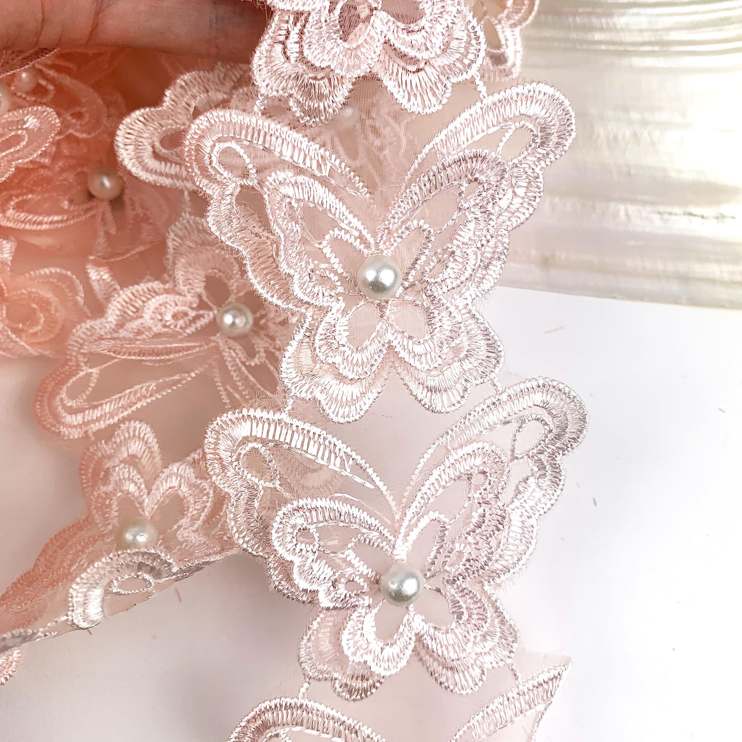 2 Yard Soluble Ivory Rose Flower Pearl Chiffon Embroidered Lace Trim Ribbon Fabr