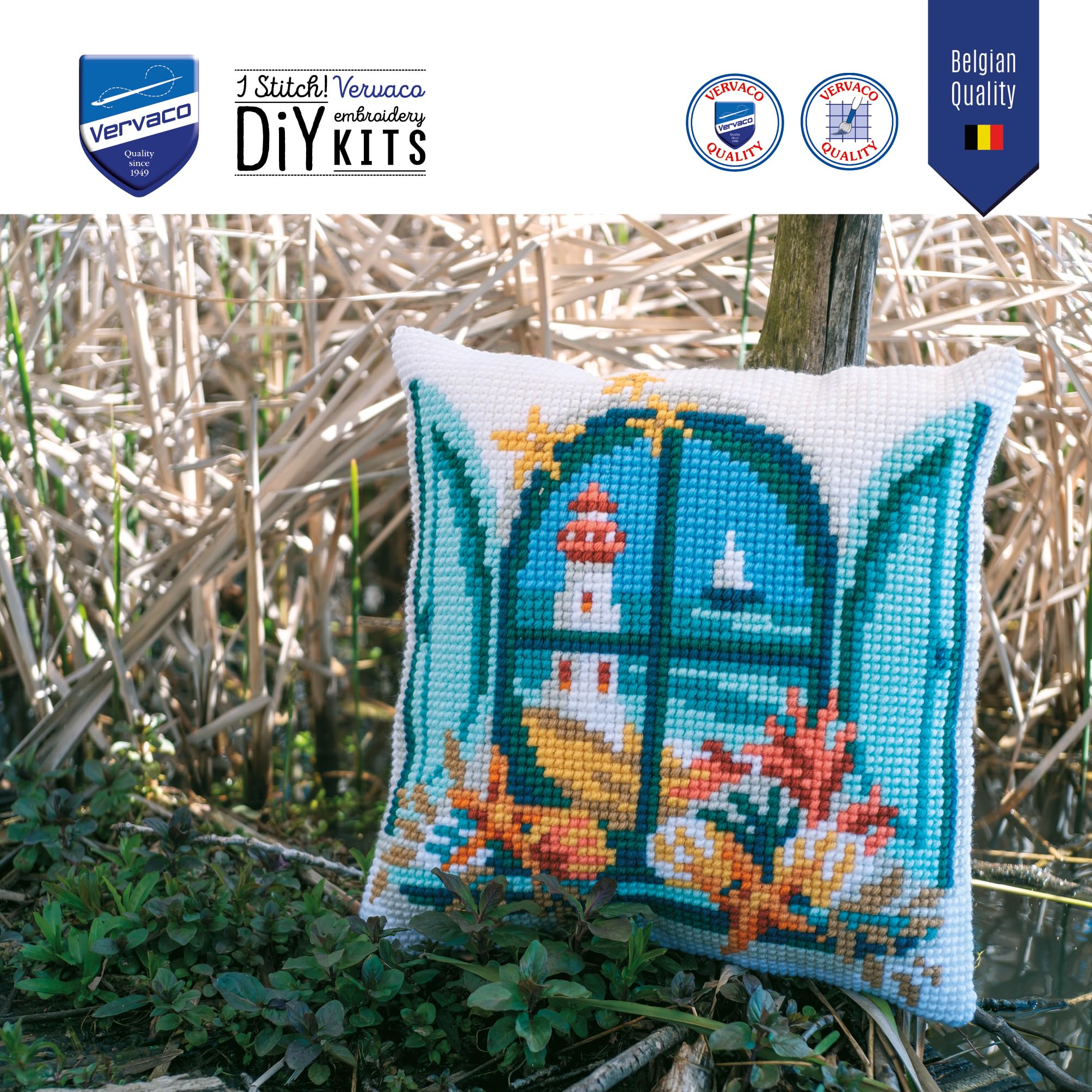 VERVACO Zestaw do Haftu Krzyżykowego Poduszka WIDOK NA MORZE Kanwa z Nadrukiem 40 x 40 cm Gruba Włóczka Akrylowa Zrób to Sam Dekoracja Domu DIY Cross Stitch Kit