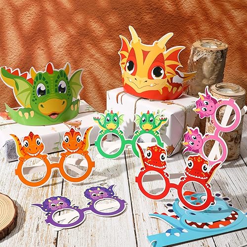 Miniatura 3 de Woanger 48 piezas de suministros para fiesta de cumpleaños de dinosaurios, incluyen 24 sombreros de papel de dinosaurio de Halloween, 24 lentes de