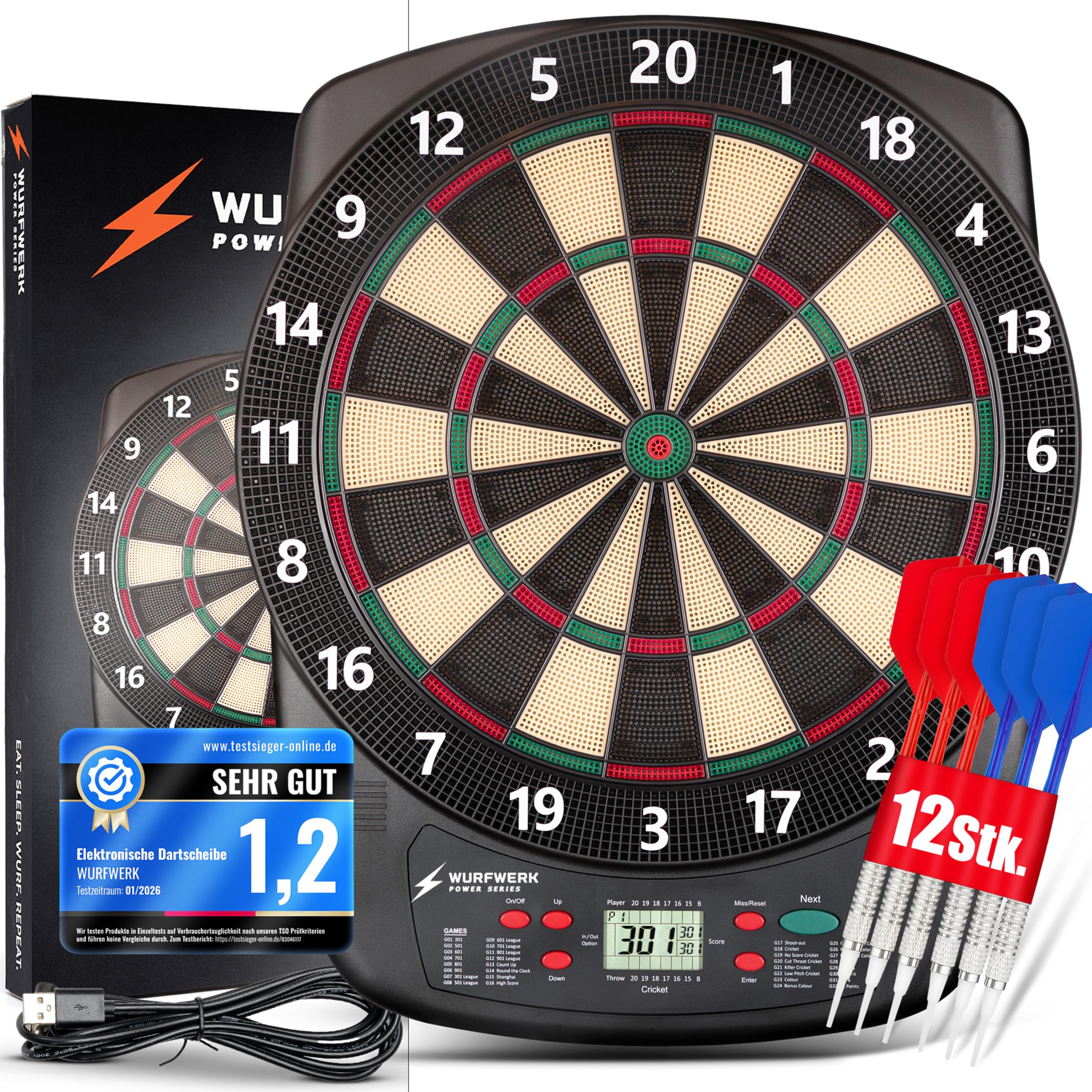 Bersaglio elettronico – [ Lo standard di torneo] – Bersaglio professionale E tedesco – Set completo con freccette, bersaglio elettronico – utilizzabile senza fili – bersaglio morbido