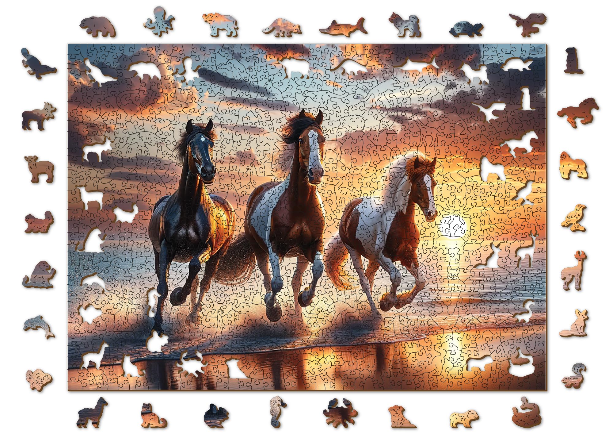 WOODEN.CITY Rompecabezas de Madera de 1000 Piezas, Caballos Salvajes en la Playa con 100 Piezas en Forma de Animal, 21.3 x 15.5 Pulgadas