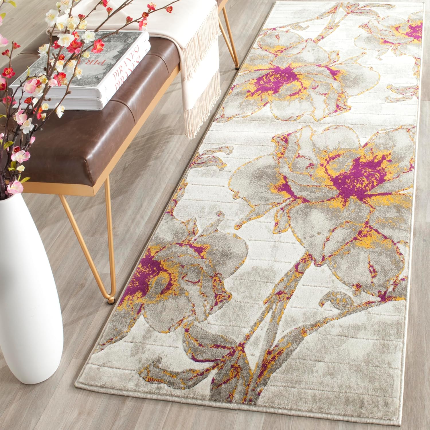 SAFAVIEH Porcello Collection Runner Rug - 2'4" x 11', Ivory & Grey, Floral Design, Non-Shedding & Easy Care, Ideal for High Traffic Areas in Living Room, Bedroom (PRL7733E)