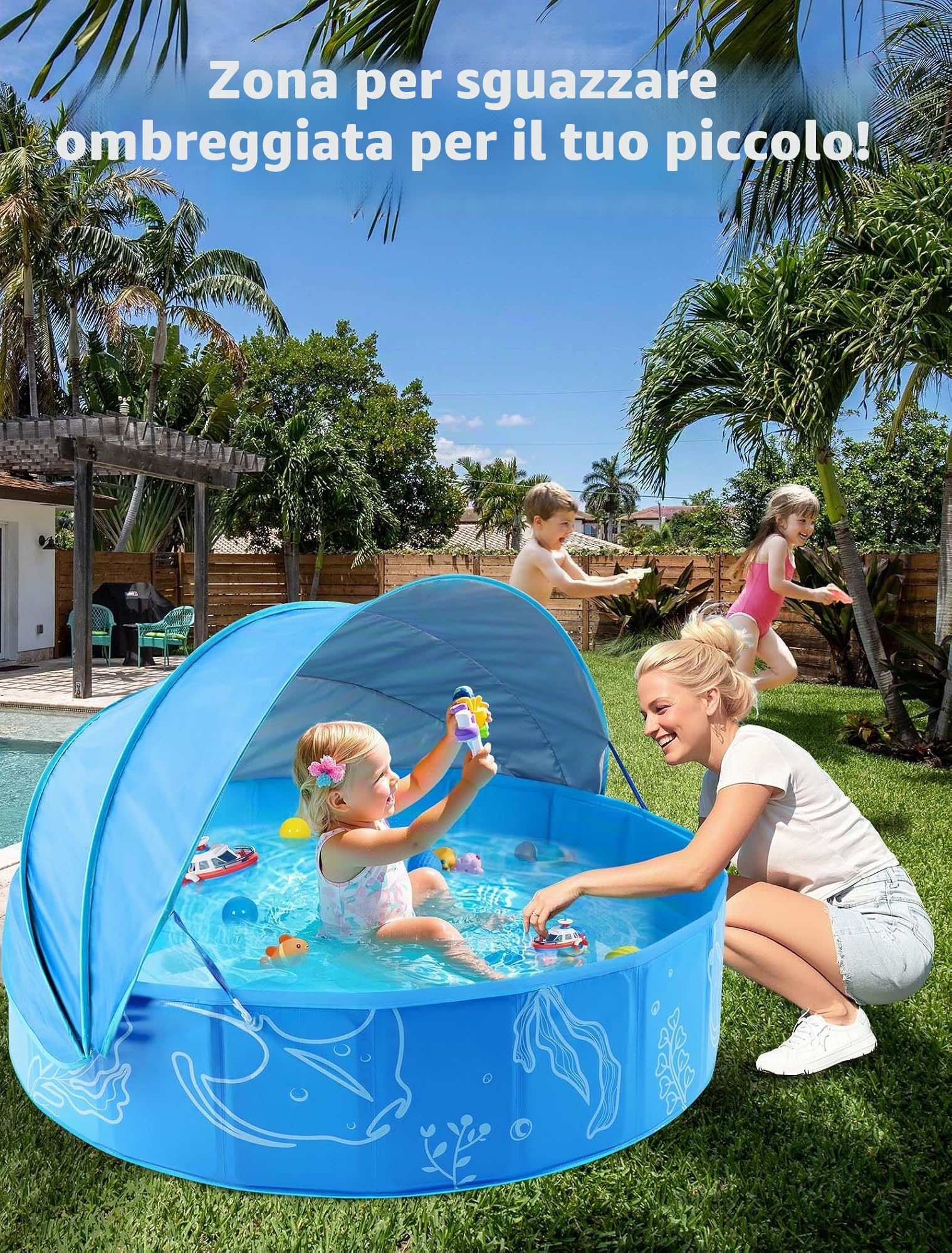 Hikiddy Piscina Pop-up per Bambini con Tettoia: Piscina Parasole per Bambini, Blu