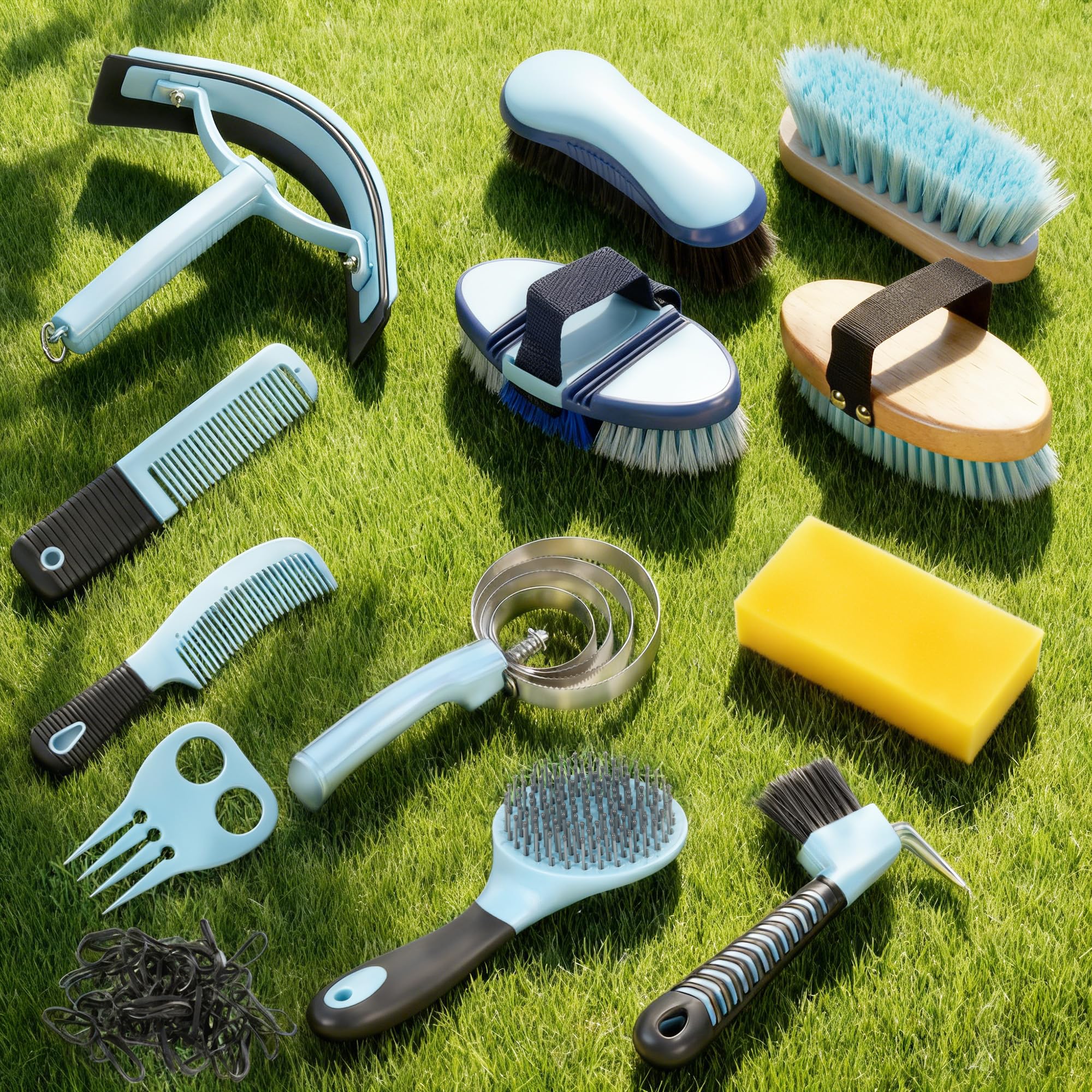 Horse Grooming Kit, 14-in-1 Professional Horse Brush Supplies Set for Grooming & Care, with Horse Brushes, Curry Comb, Hoof Pick & Waterproof Storage Tote Bag for Shining, Detangling, Massaging(Blue) - image 6