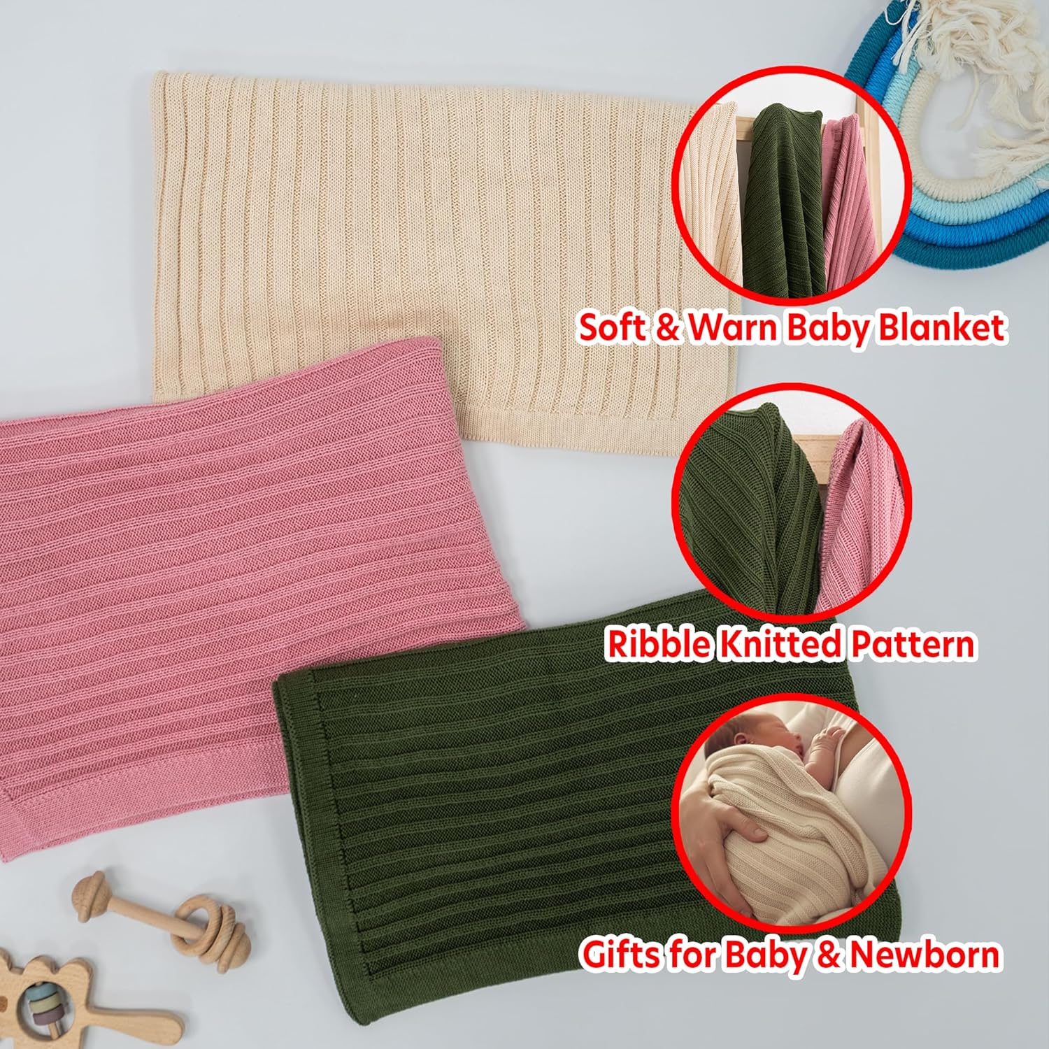 Baby Knit Blanket, 100% Cotton Ribble Patterns, Soft, Cozy, Lightweight Swaddle for Newborn & Infant Swaddling Beige Neutral, Perfect Baby Shower Ideas Beige 30x30