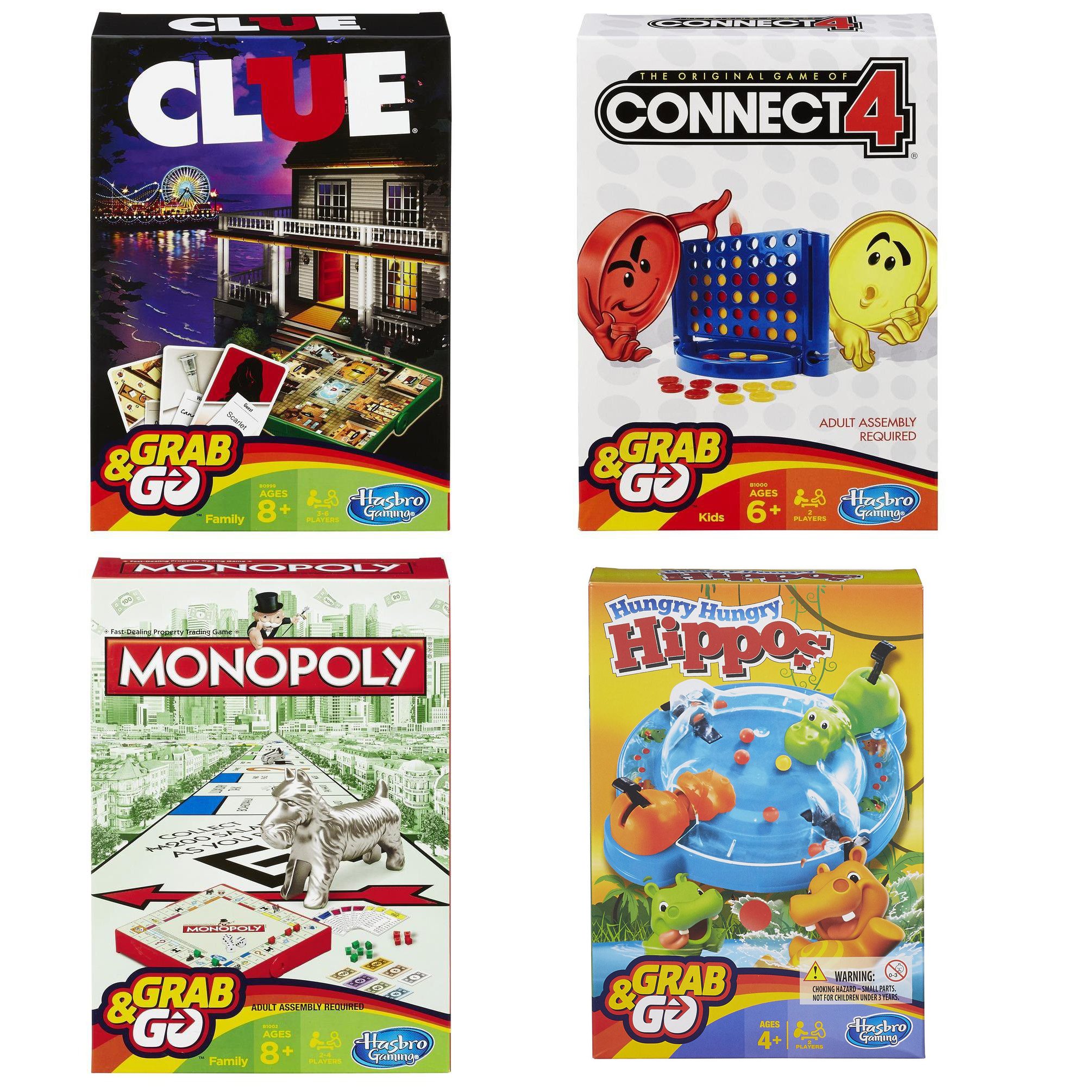 HasbroFamily Grab & Go Variety Pack Bundle Clue, Monopoly, Connect 4, and Hungry Hungry Hippo Board Games