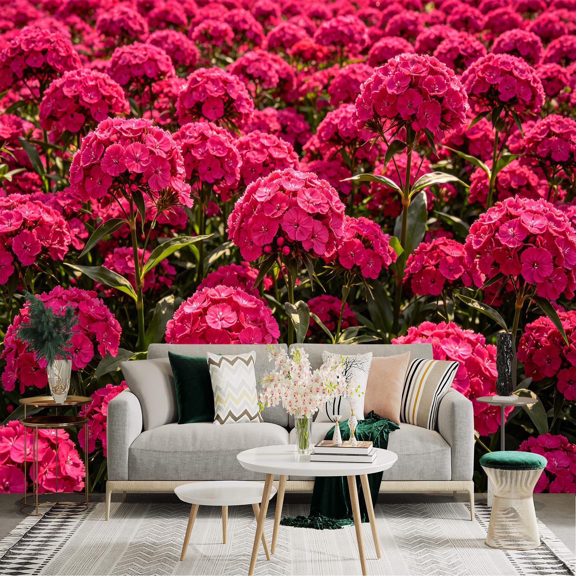 Lnzczhyre Dbh260521069 Custom Size Wall Sticker Mural， Vibrant Pink Dianthus Flowers， Lush Garden Bloom， Floral Nature Landscape， For Wall Decoration， Peelandstick Wall Decals.