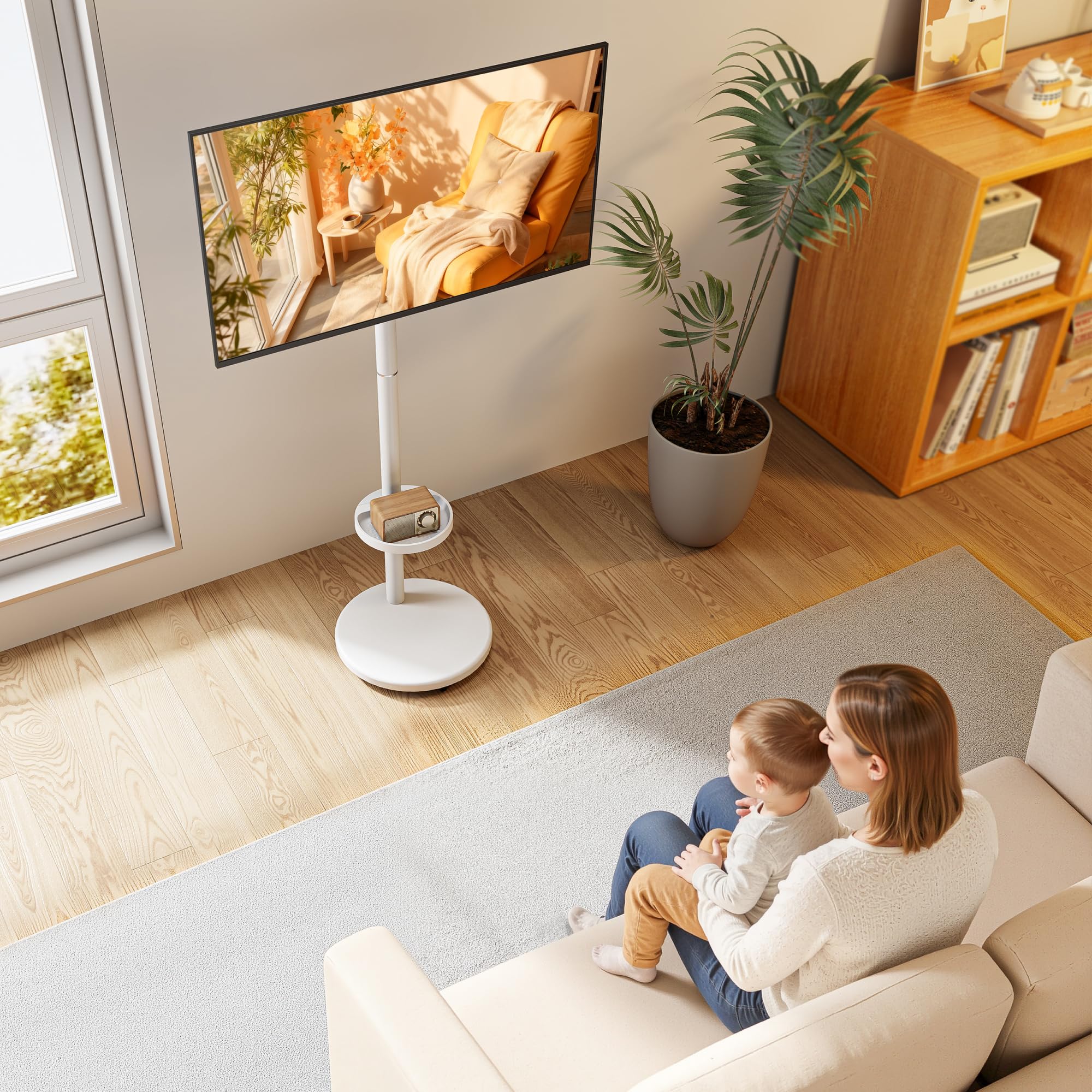 Rollender TV-Ständer mit Rädern für 17–43 Zoll Fernseher bis 15KG, Höhenverstellbarer Robuster Mobiler TV-Wagen mit Ablage, Portrait zu Landscape, Max. VESA 200x200 mm, Weiß