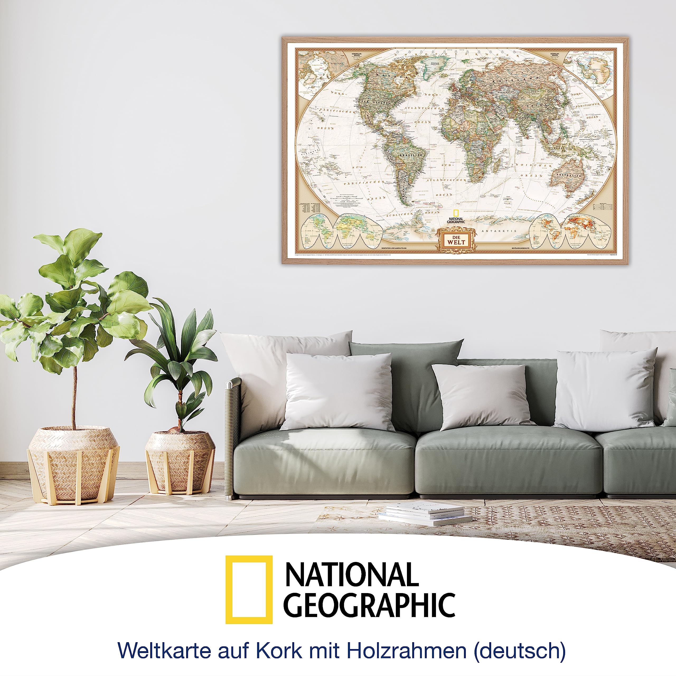 ORBIT Globes & Maps - Weltkarte mit Kartenbild von National Geographic - Pinnwand mit Holzrahmen, Aktuell 2025, 90x60 cm, deutsch, Maßstab 1:46 Mio mit Fähnchen und Pins sowie Befestigungsmaterial