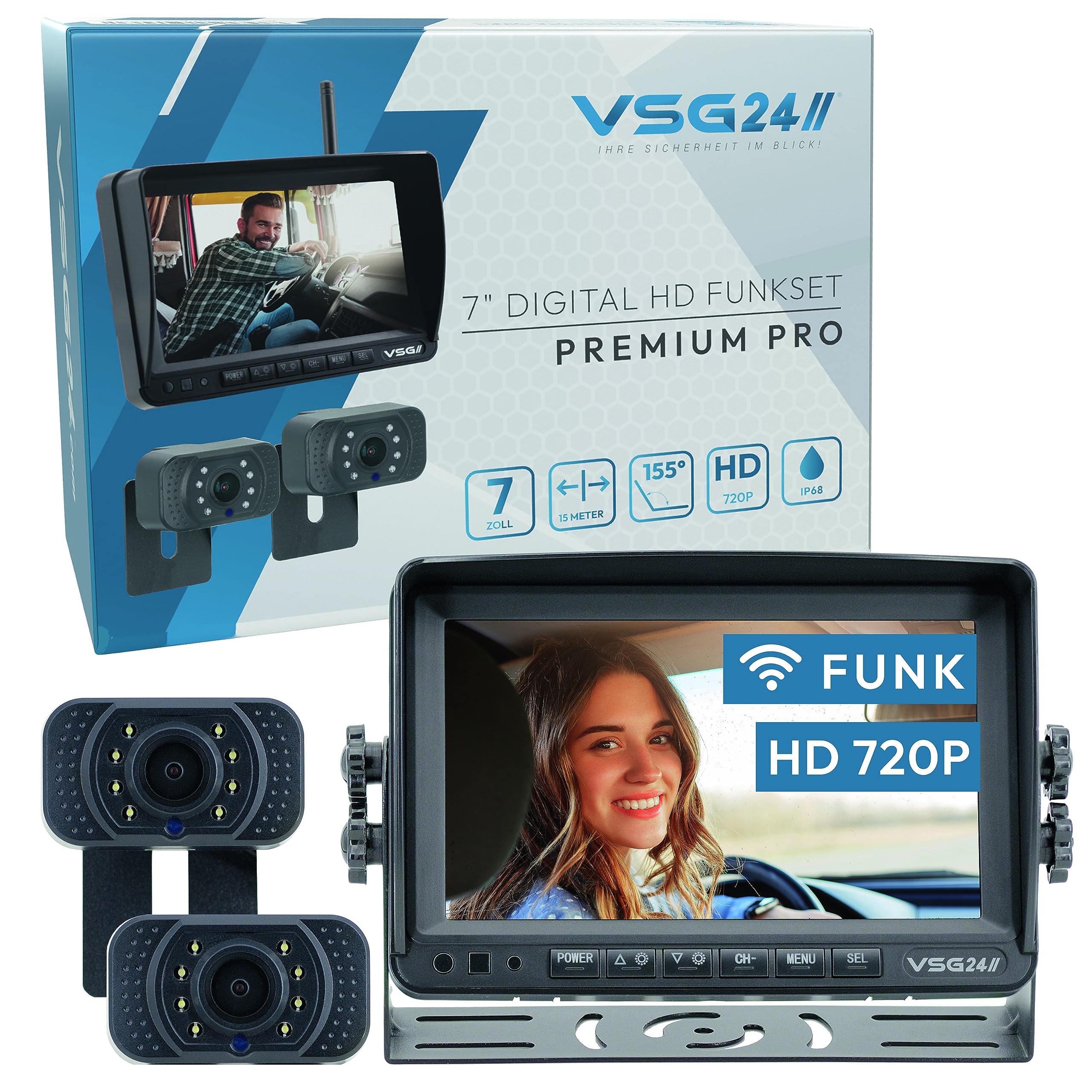 VSG 24 7 pulgadas, sistema de visión trasera inalámbrica Premium Pro HD para autocaravana, remolque de caballos, coche, juego de 2 cámaras de marcha atrás + monitor, cámara de matrícula 12 V-24 V,