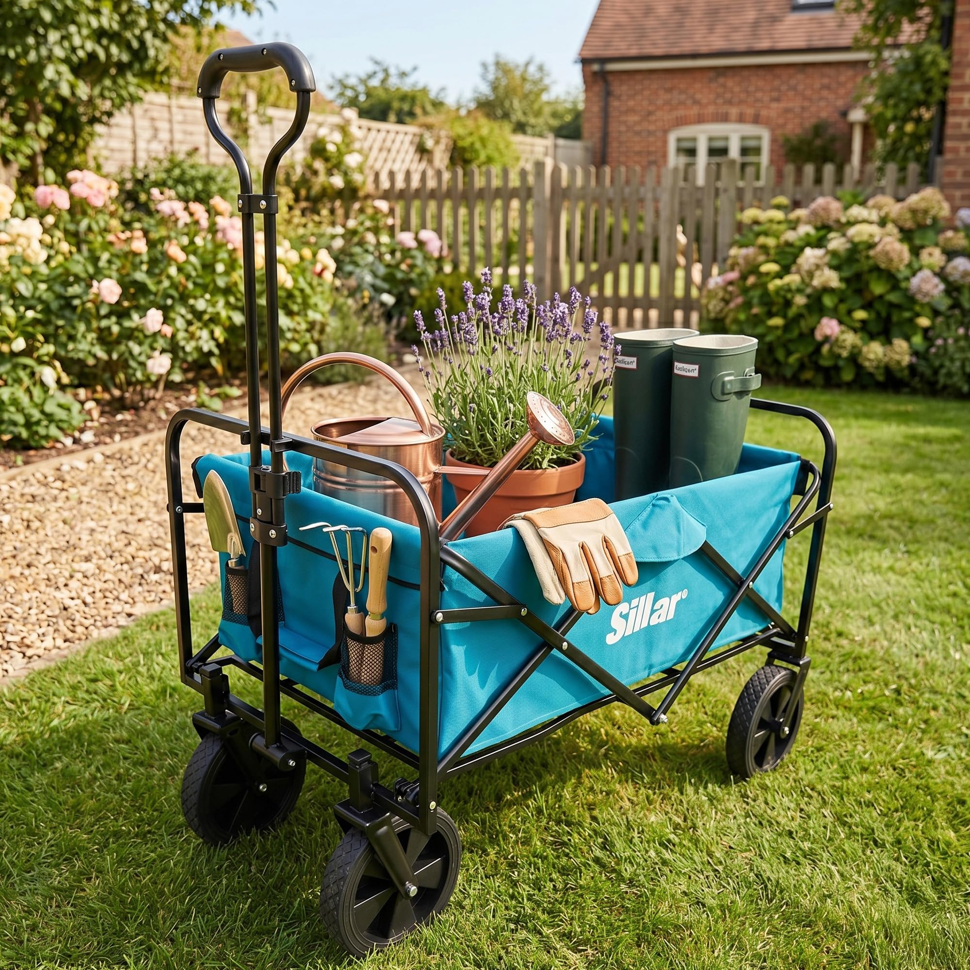 Sillar Carrello pieghevole da giardino, compatto con maniglia, 4 ruote in PVC rinforzato, capacità di carico fino 80 kg, per esterni, giardino, 100 l, 2 tasche aggiuntive per bevande sul davanti, blu
