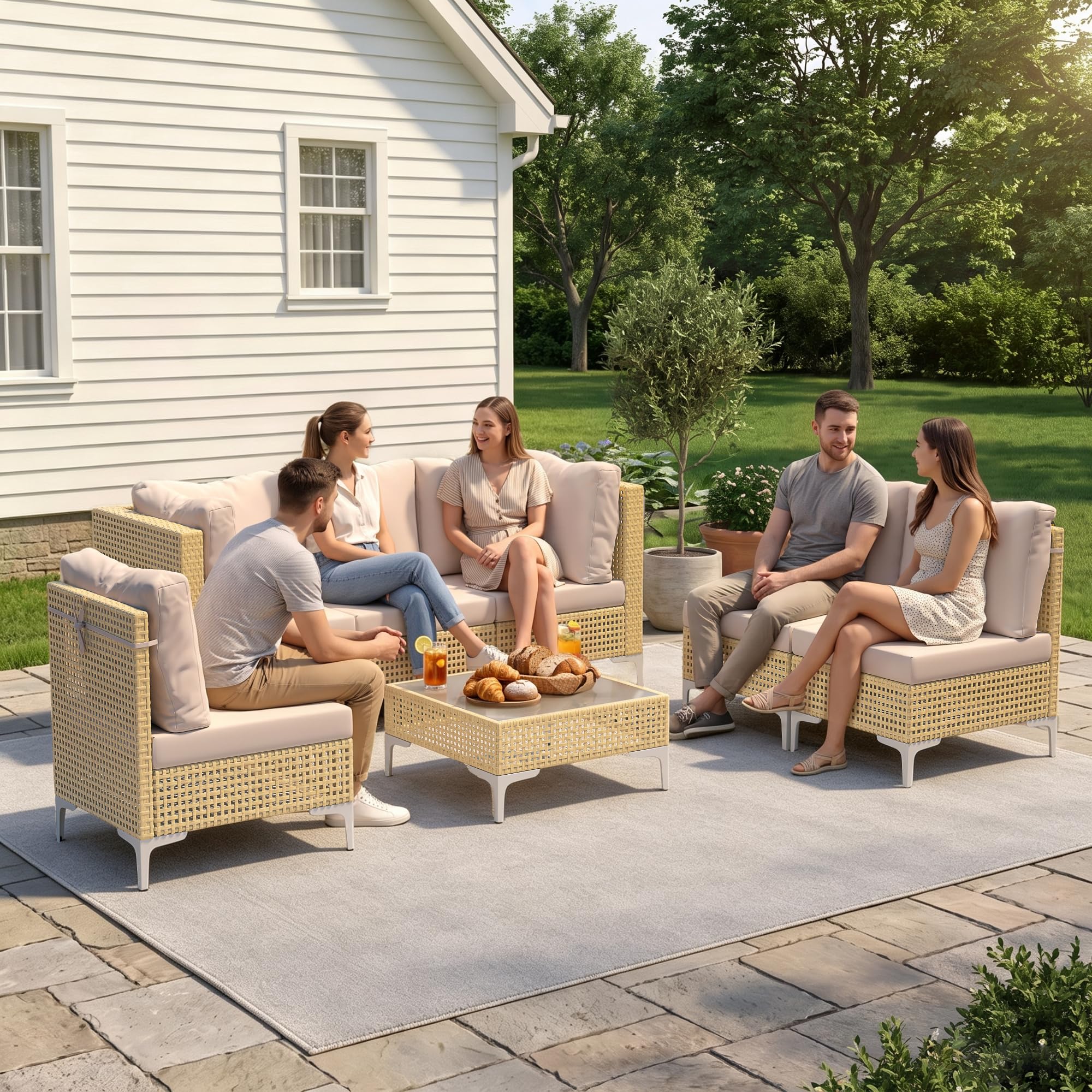 Boho Wicker Outdoor Sectional Set - 7 Piece