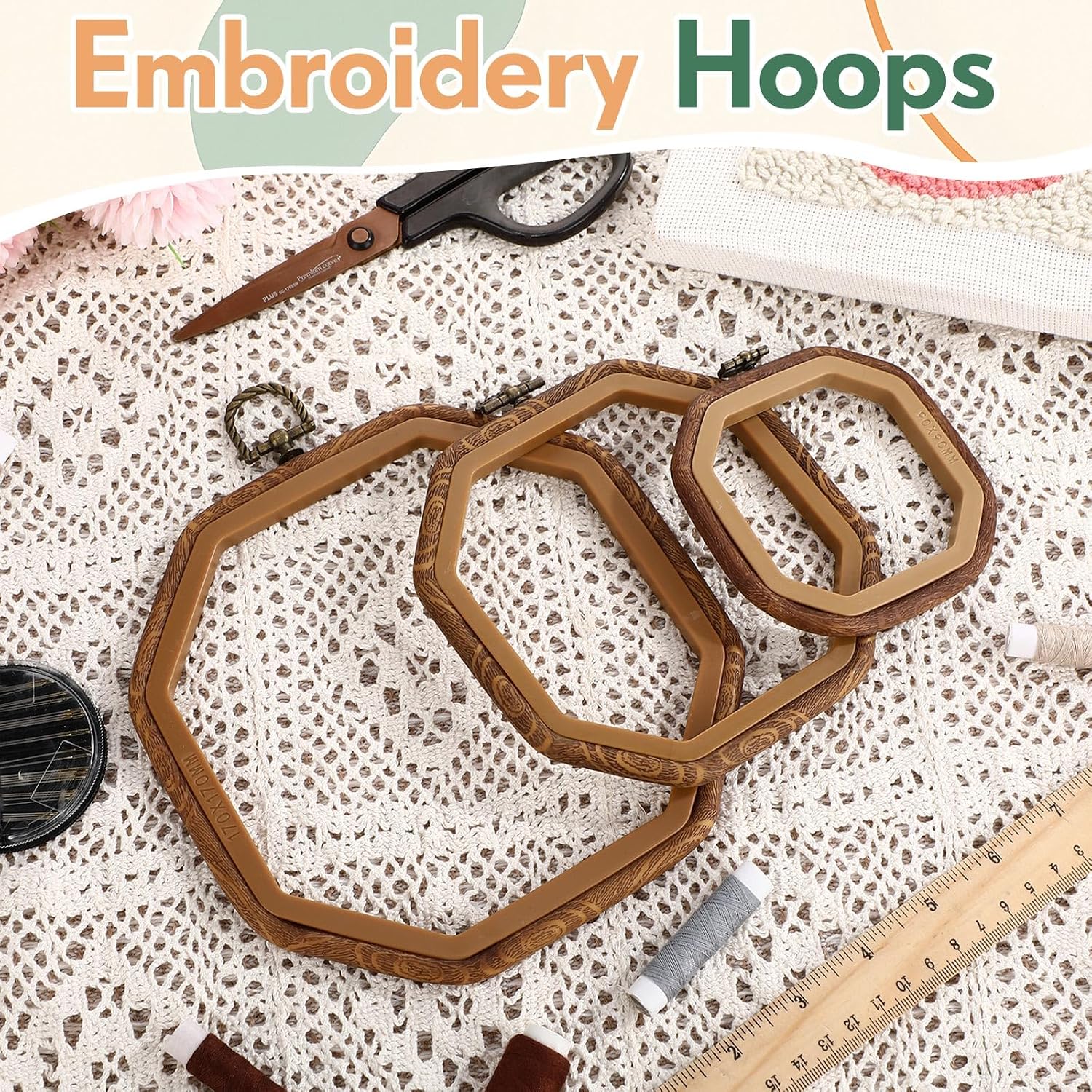 BrightRow 6 Pcs Large Embroidery Hoop Set Decorative Imitated Wood Display Frame Cross Stitch Hoop Ring for Art Craft DIY Sewing and Hanging Ornaments Decor (Octagonal,10+13.9+18.5 cm)