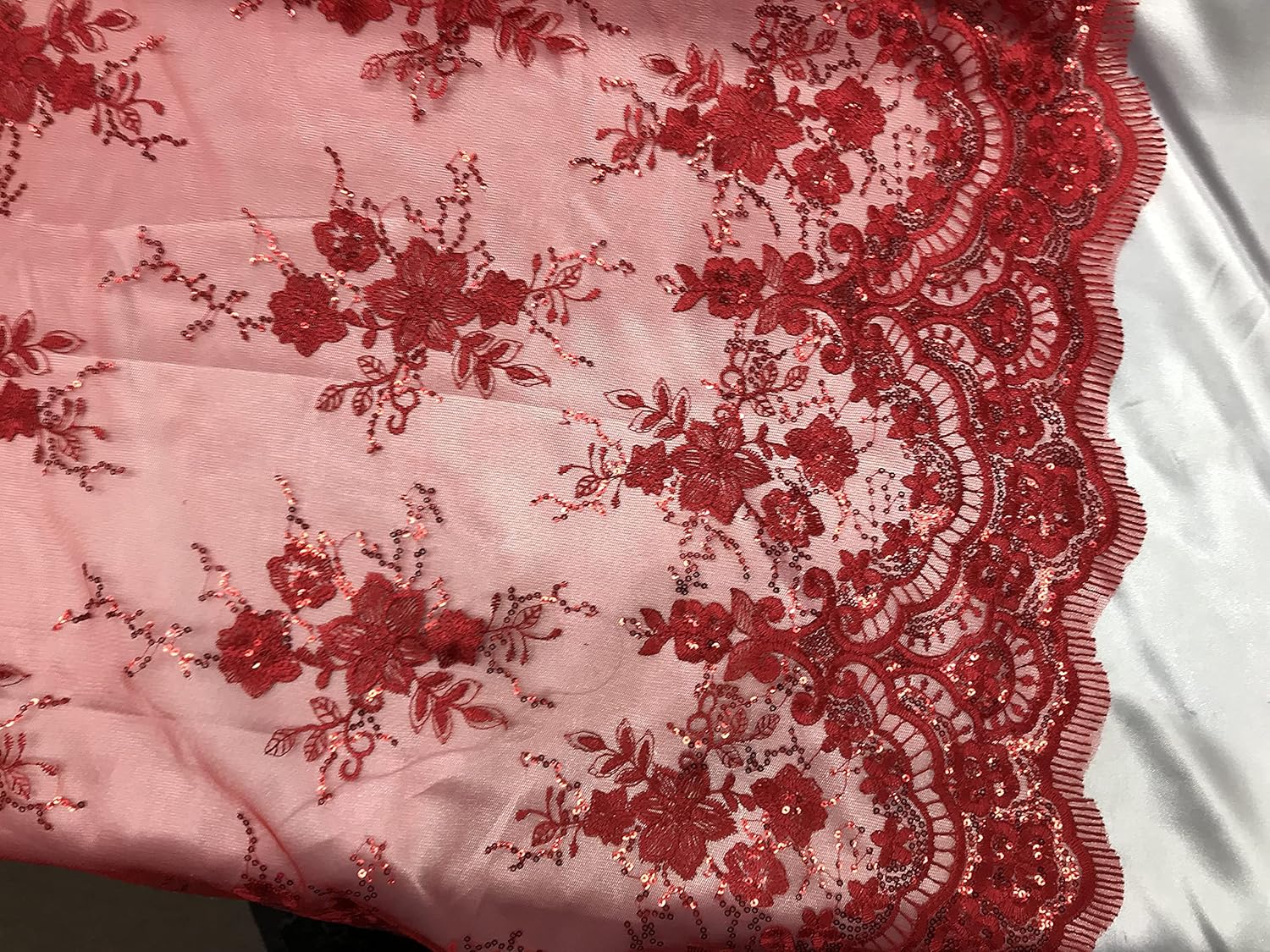 Valentina Textile Sequin lace Fabric with embroderies on mesh VT-011 (1 Yard, Red)