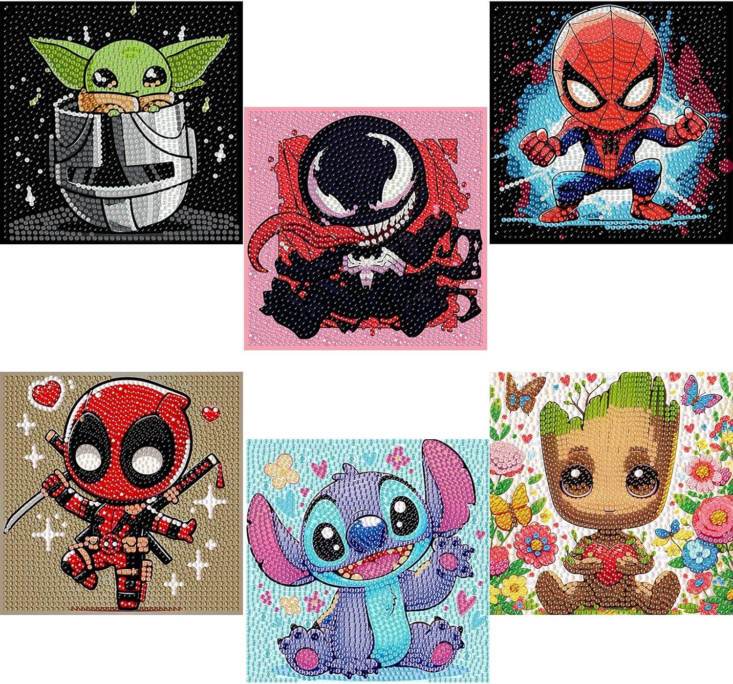 Sretoul 6 Pack Cartoon Diamond Art Kits for Kids- 6 Pack Small Diamond Art Painting, Arts and Crafts for Kids Ages 4-8-12 6X6 Inch