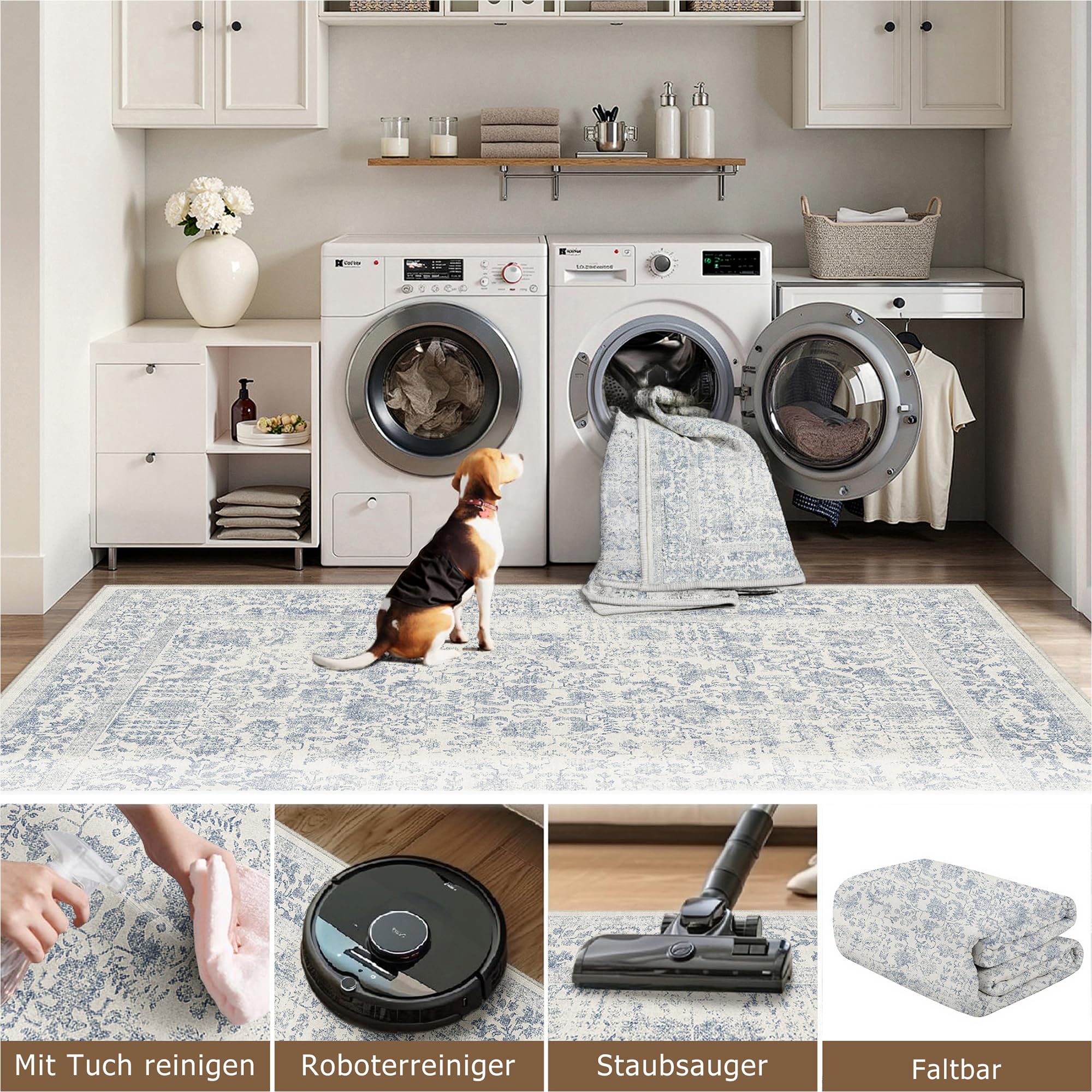 HUGEAR Vintage Tappeto Salotto Blu Tappeti 150x210cm Soggiorno Antiscivolo Lavabile in Lavatrice Tapette Camera da Letto Sala Ufficio Bambina Bambino Pelo Corto Grande Carpet