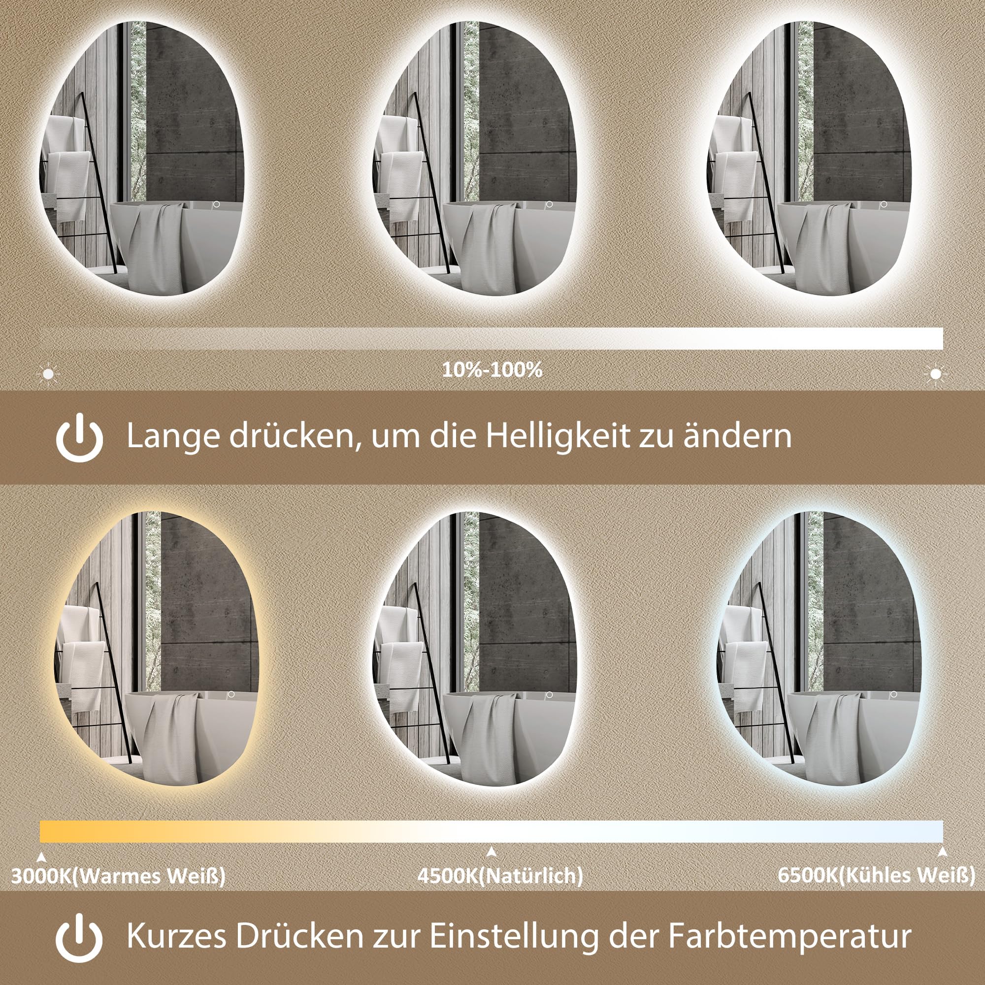 HOMCOM Miroir Salle de Bain LED 70 x 50 cm Mural Asymétrique Anti-buée 3 Couleurs Dimmable IP44 Argenté