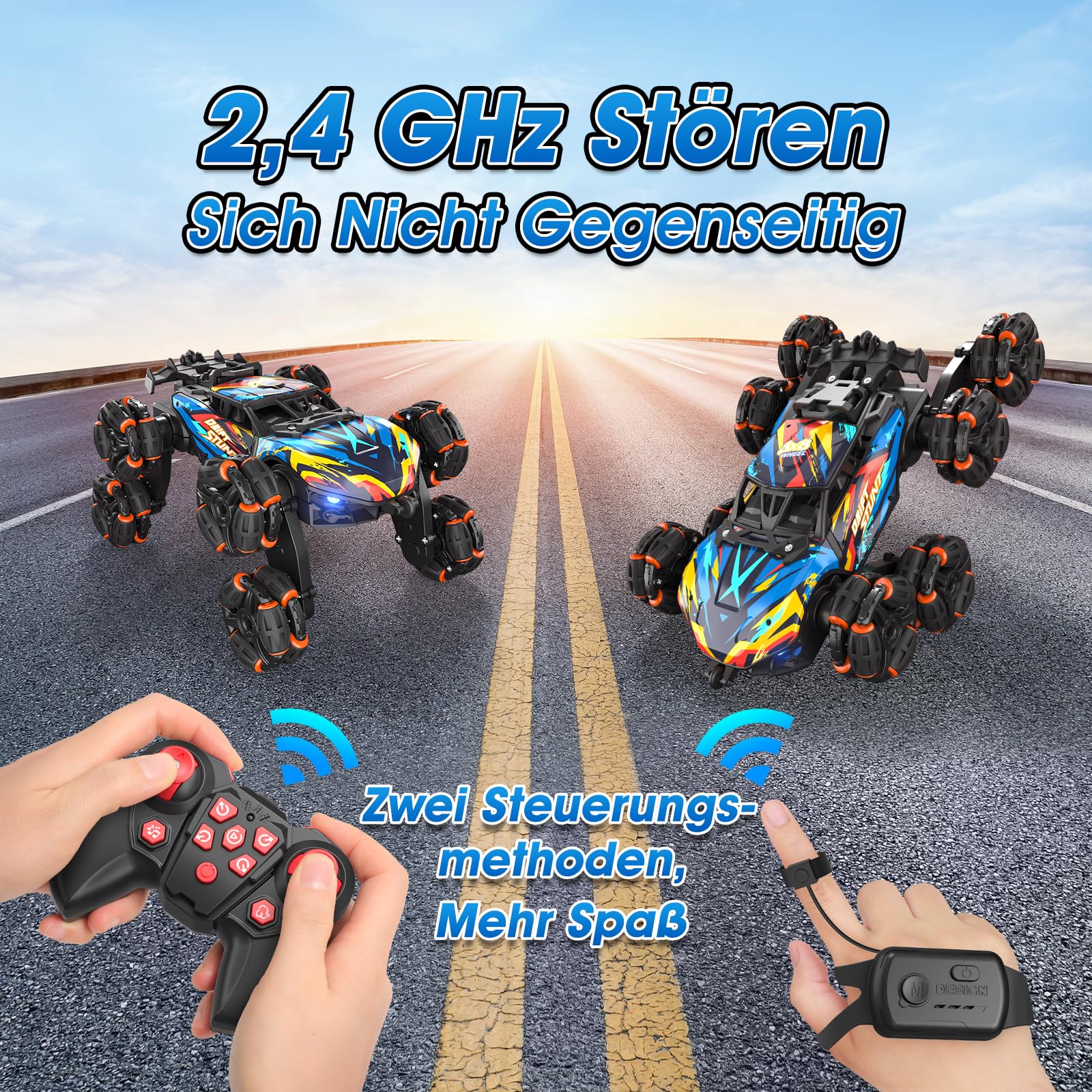 Ferngesteuertes Auto, 8WD RC Drift mit Handsteuerung, RC Stunt mit LED Licht, Musik und Spray, Ferngesteuertes Spielzeug Geschenk ab 3 4 5 6 7 8 9 10 11 12 Jahre Jungen, Coole Auto Kinder Spielzeug