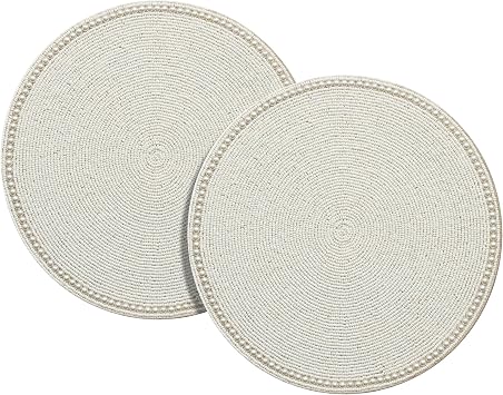 Beaded Placemats - Circle Placemat Set of 2 for Dining Table Decor - 13 Inch Fancy Round Beaded Ivory Placemats for Thanksgiving, Boho Party, Christmas Table Centerpieces - Cream
