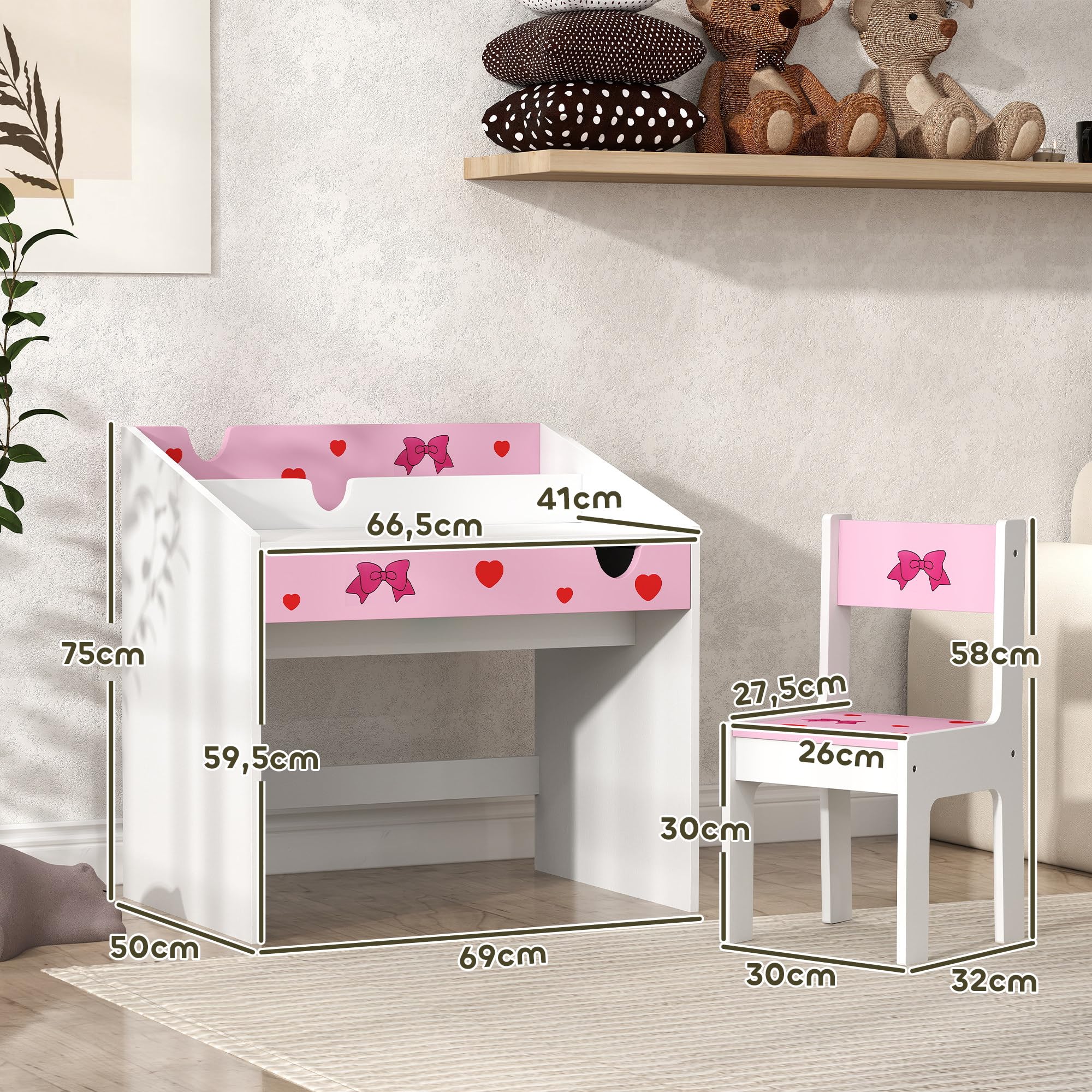 AIYAPLAY Set di scrivania e sedia per bambini +3 anni Scrivania per bambini con cassetto estraibile e scomparto per la camera da letto e la sala studio Rosa e bianco