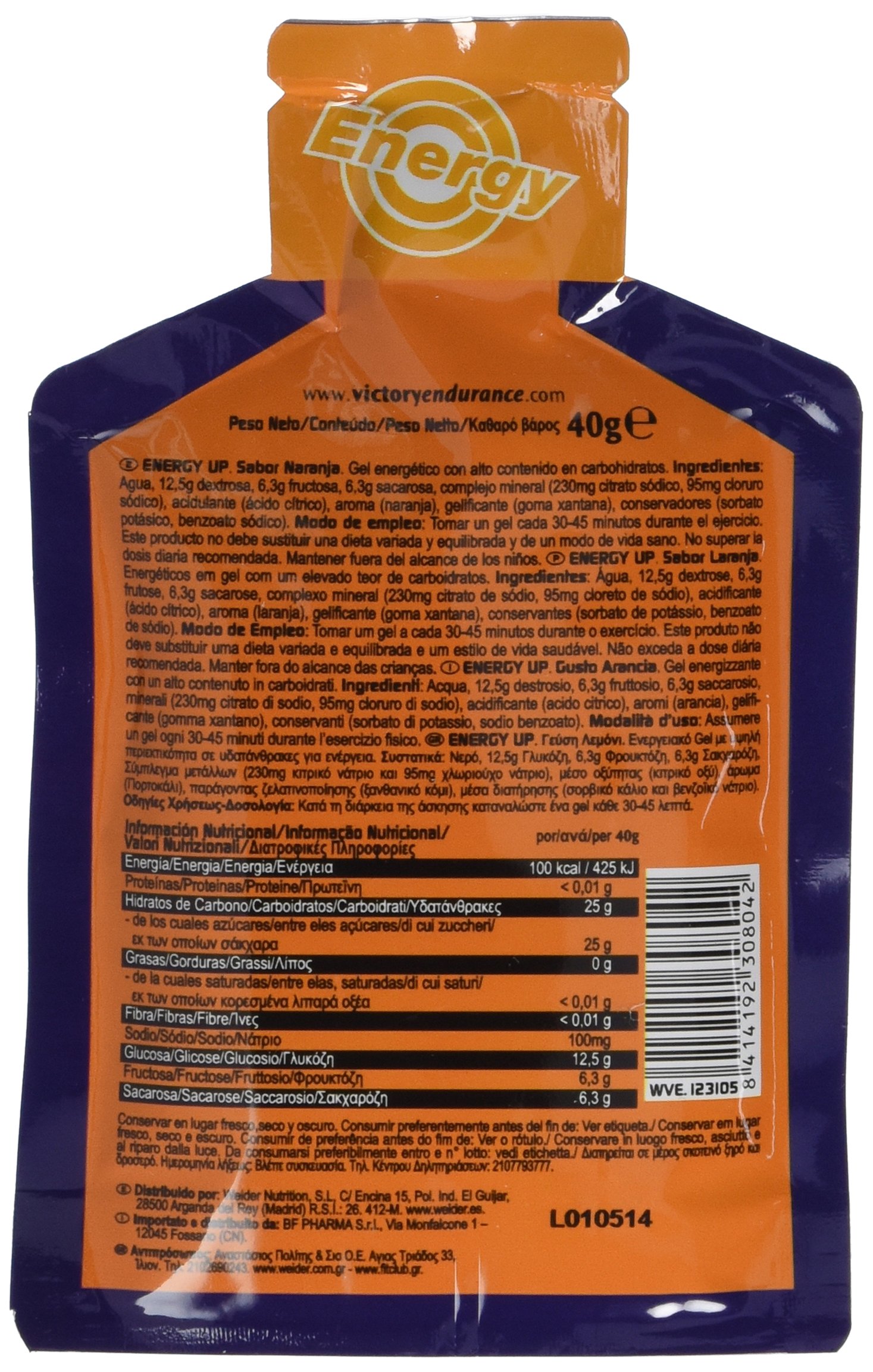 Victory Endurance Energy Up Gel (24x40g) Goût Orange Gel Énergétique d'Hydrates de Carbones avec un plus de Sodium plus Sans Caféine