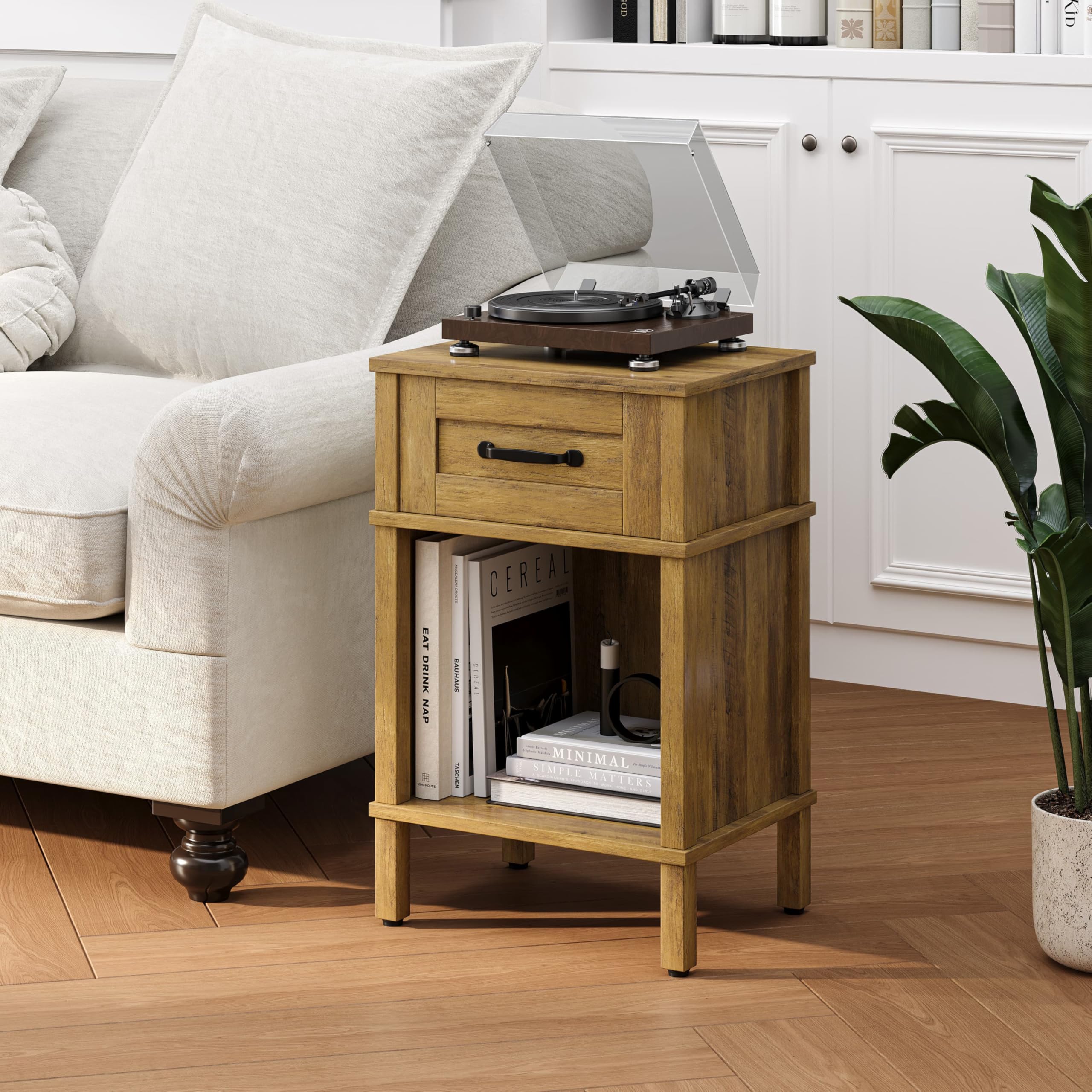 Mesita de Noche de Madera Mesita Auxiliares con Cajones Compartimento Abierto Moderna Minimalista Bedside Table Dormitorio Sala de Estar Marrón rústico LET512DR