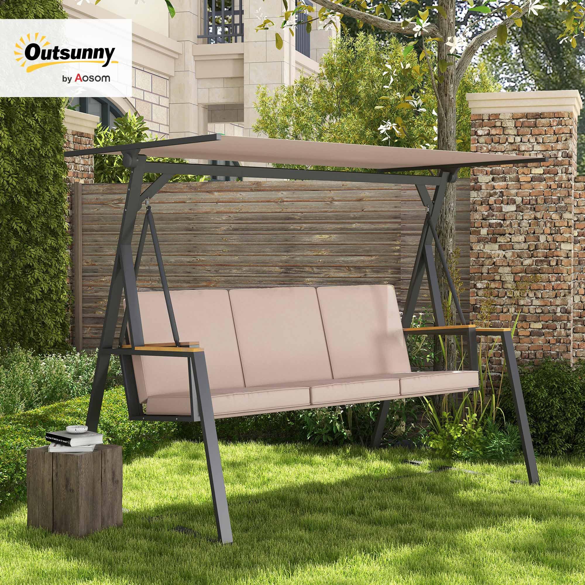 Outsunny Hollywoodschaukel 3-Sitzer Schaukelbank mit Kissen, Gartenschaukel mit regulierbarem Dach, bis zu 300 kg Tragfähigkeit, 205 x 130 x 175 cm, Khaki