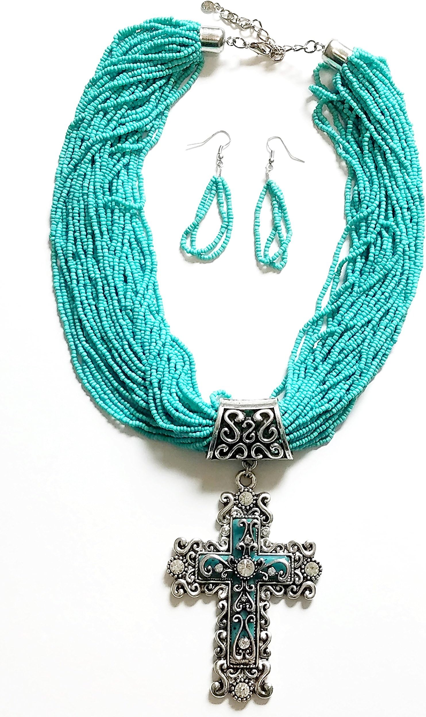 Fashionation Cross Design Heavy Bead Necklace Faith Women's Necklace Earring Set (Turquoise)