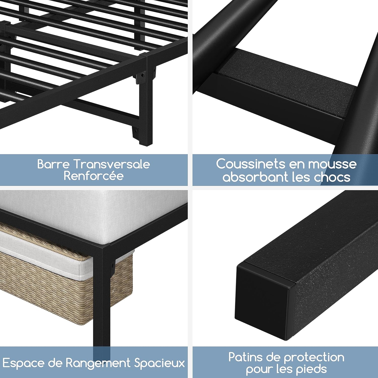 Close-up images showing reinforced crossbar, shock-absorbing foam pads, spacious storage area, and protective foot pads of the bed frame.