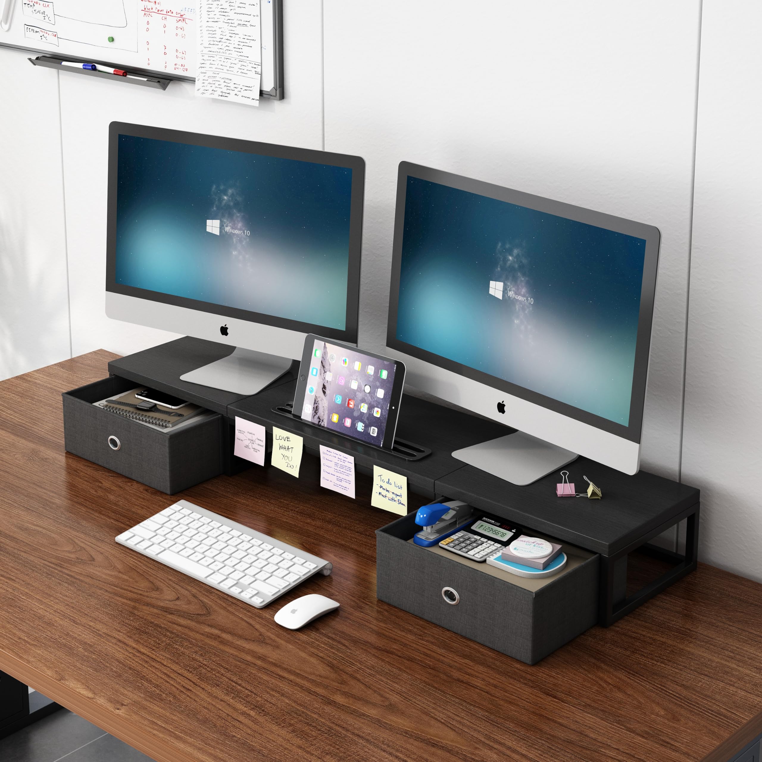 Double support pour moniteur avec 2 tiroirs – Support de ordinateur pour 2 moniteurs, organiseur de bureau en bois parfait pour bureau à domicile