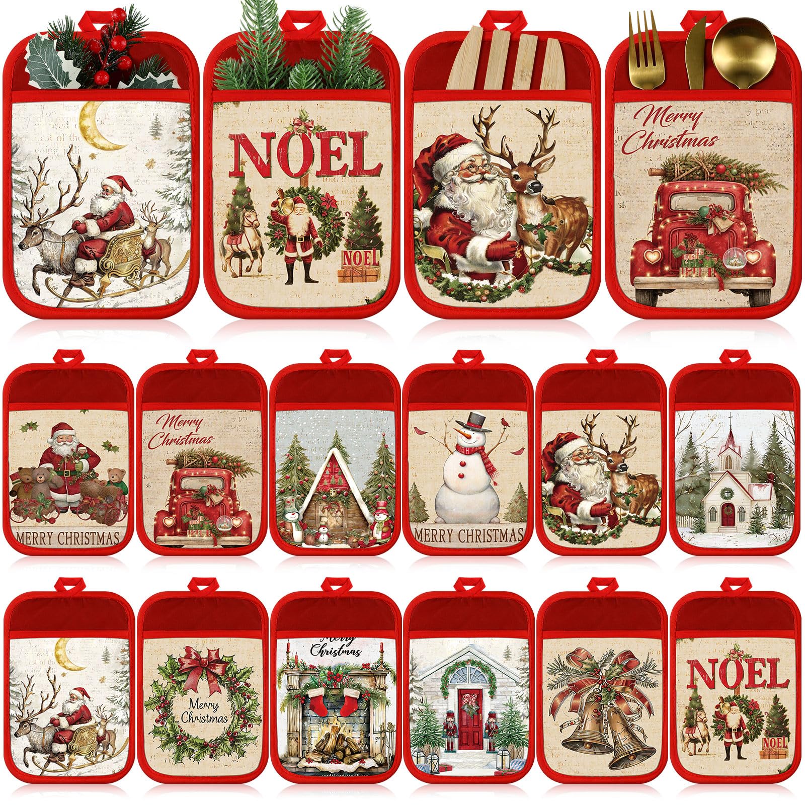 Jingmore 12 Pcs Christmas Pot Holders with Pocket for Kitchen Cooking Gift