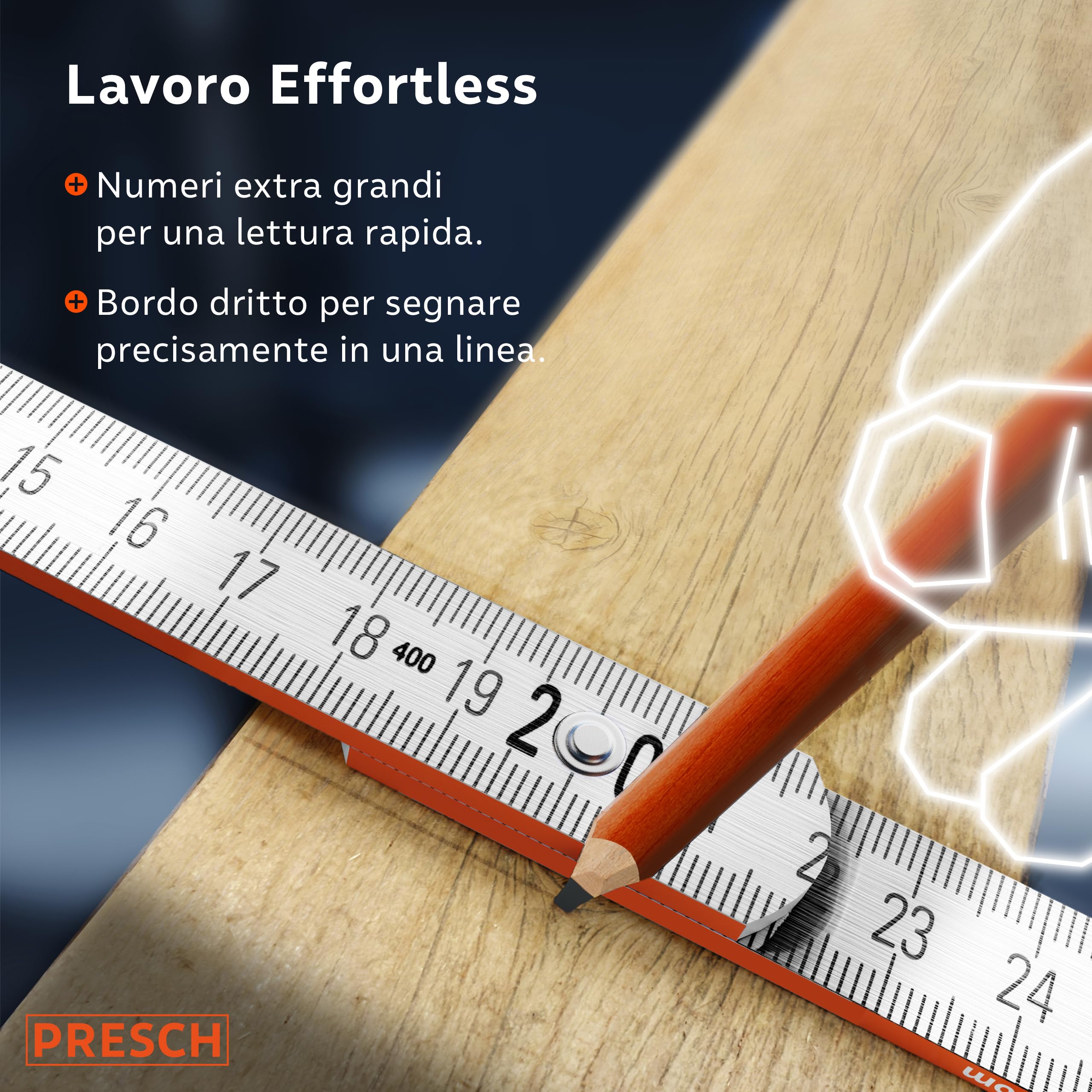 Presch Metro Pieghevole da 3 Metri con Scala degli Angoli - Legno Arancione - Numeri Grandi - Metro Righello con Motivo Strumenti