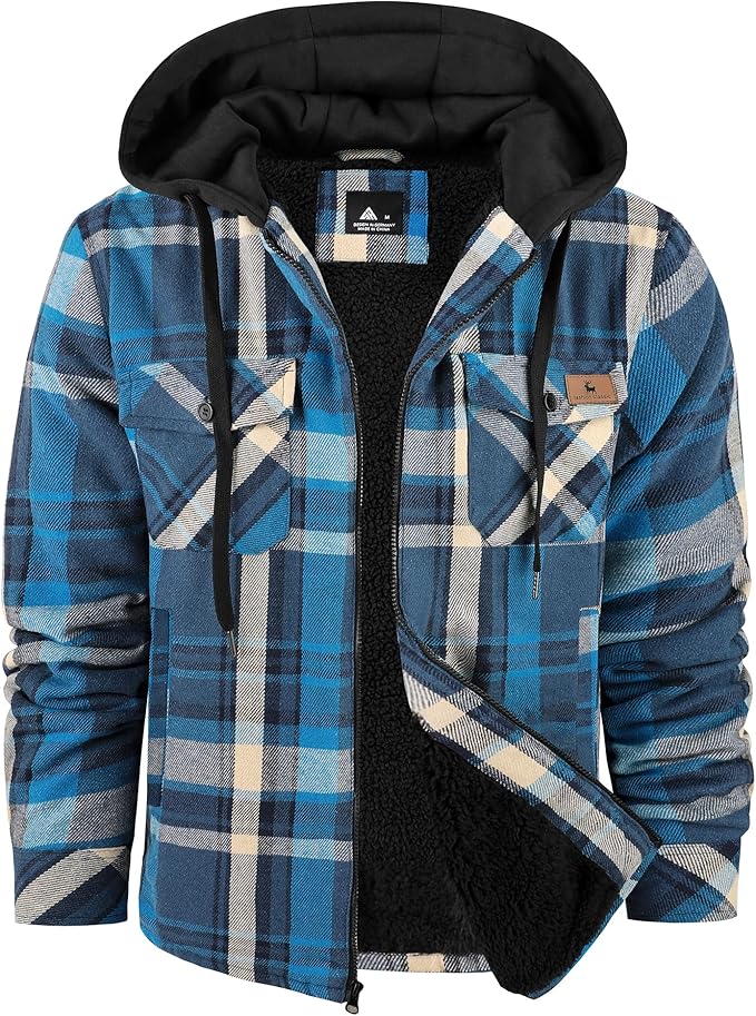 Men's Thick Fleece Plaid Jacket Flannel Shirts Sherpa Lined Full Zip Up Hoodie Winter Coat with Pockets