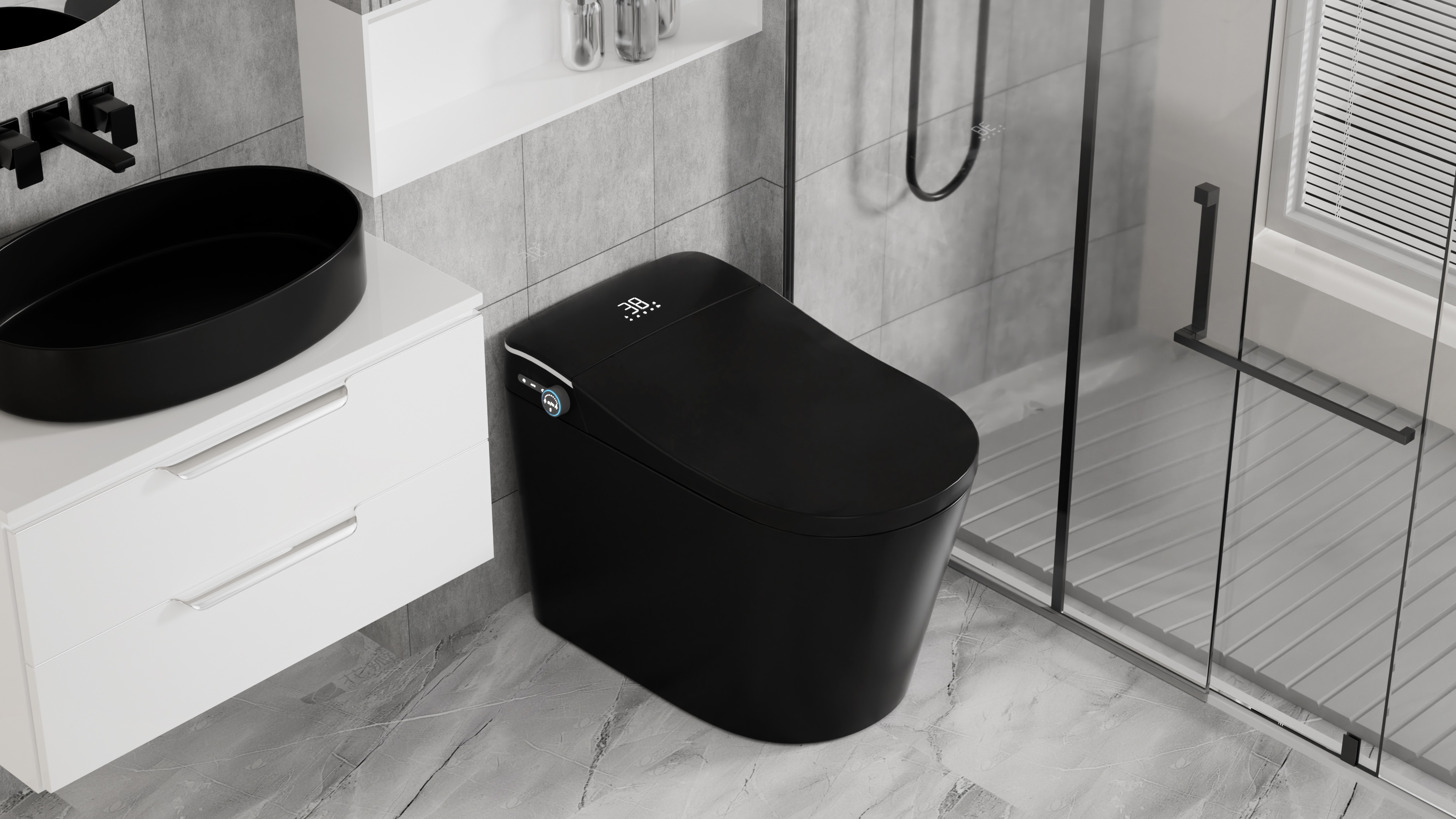 Inodoro inteligente alargado WinZo con bidé integrado, apertura y descarga automáticas, asiento suave y cierre automático, asiento calefactado ajustable sin manos y secado con aire caliente, color negro mate (sin cubierta de espuma) miniatura 7