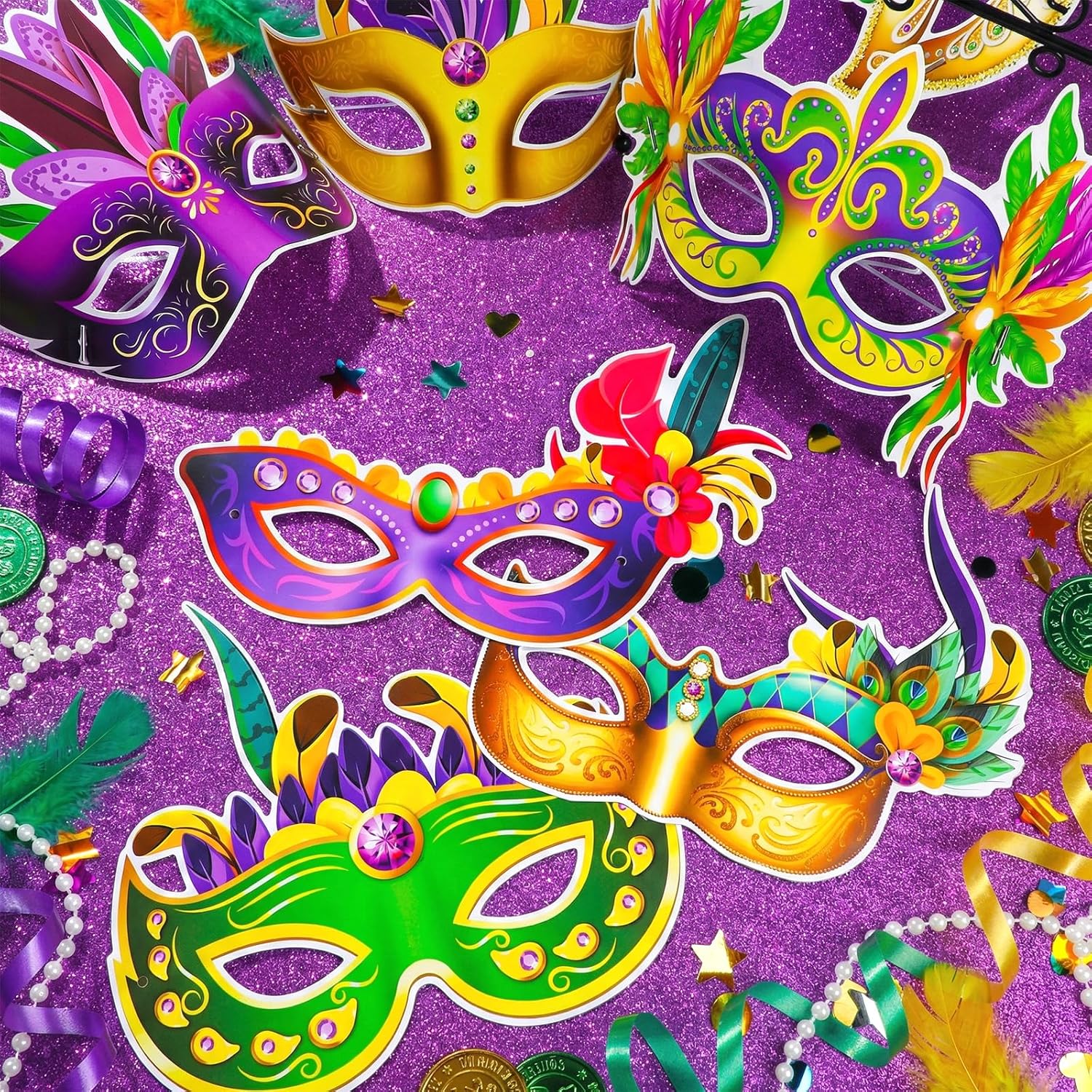 Mardi Gras Mask Paper Carnival Venetian Costume Feather Masks 12 Pcs Purple Green Yellow Masquerade Masks Decorations for Women Men Kids New Orleans Dress Up Mardi Gras Party Supplies - Image 6