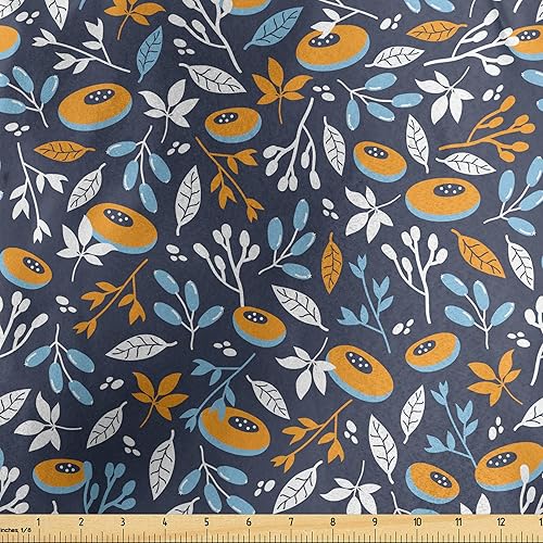 Ambesonne Leaf Fabric by The Yard, Hand Drawn Flowering Branches with Abstract Spring Composition on Dark Backdrop, Decorative Satin Fabric for Home