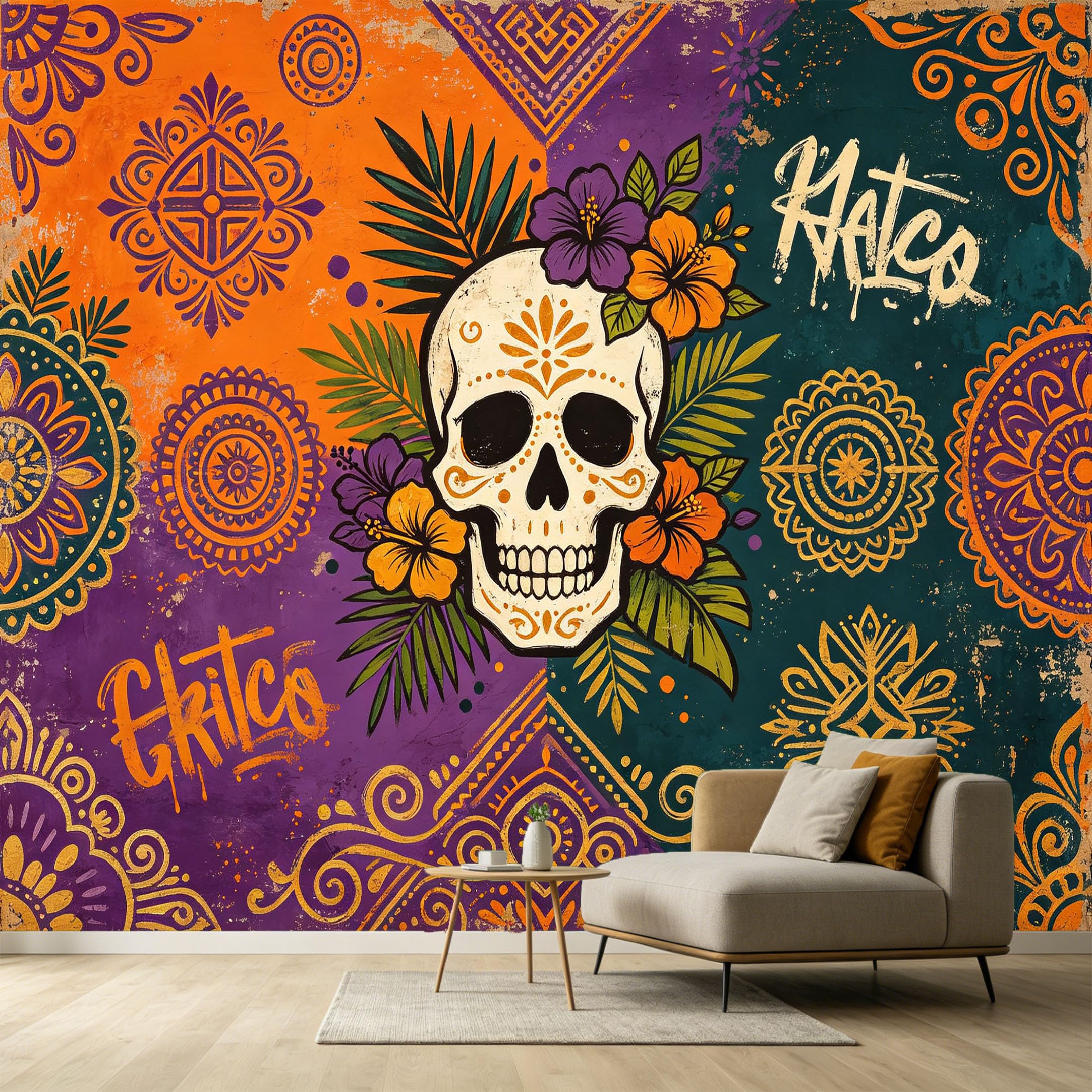 Custom Size Wall Murals Abstract Botanical Tropical Floral Skull Geometric Pattern SelfAdhesive Wall Fabric Removable Large Wallpaper for Photo Living Room