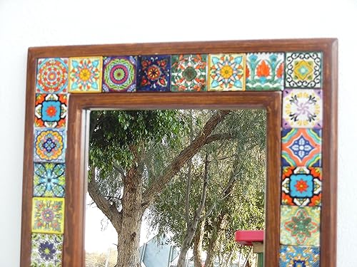 Miniatura 2 de 25" WALL MIRROR, wood frame & mixed talavera tile, mexican folk art, bathroom