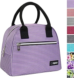 OPUX Lunch Tote Bag | Insulated Lunch Box for Women Girls| Medium Reusable Soft Striped Lunch Purse Cooler for School, Work, Office | Fits 12 Cans (Purple White Stripes)
