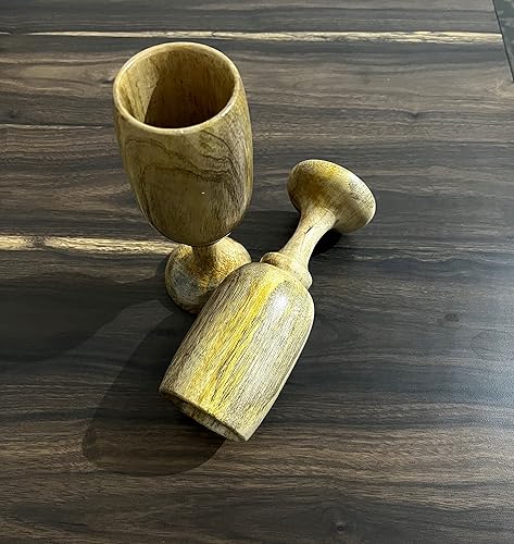 Juego de 2 copas de copa de vino de madera de mango rústico hechas a mano con inspiración vikinga, cáliz de vino tinto