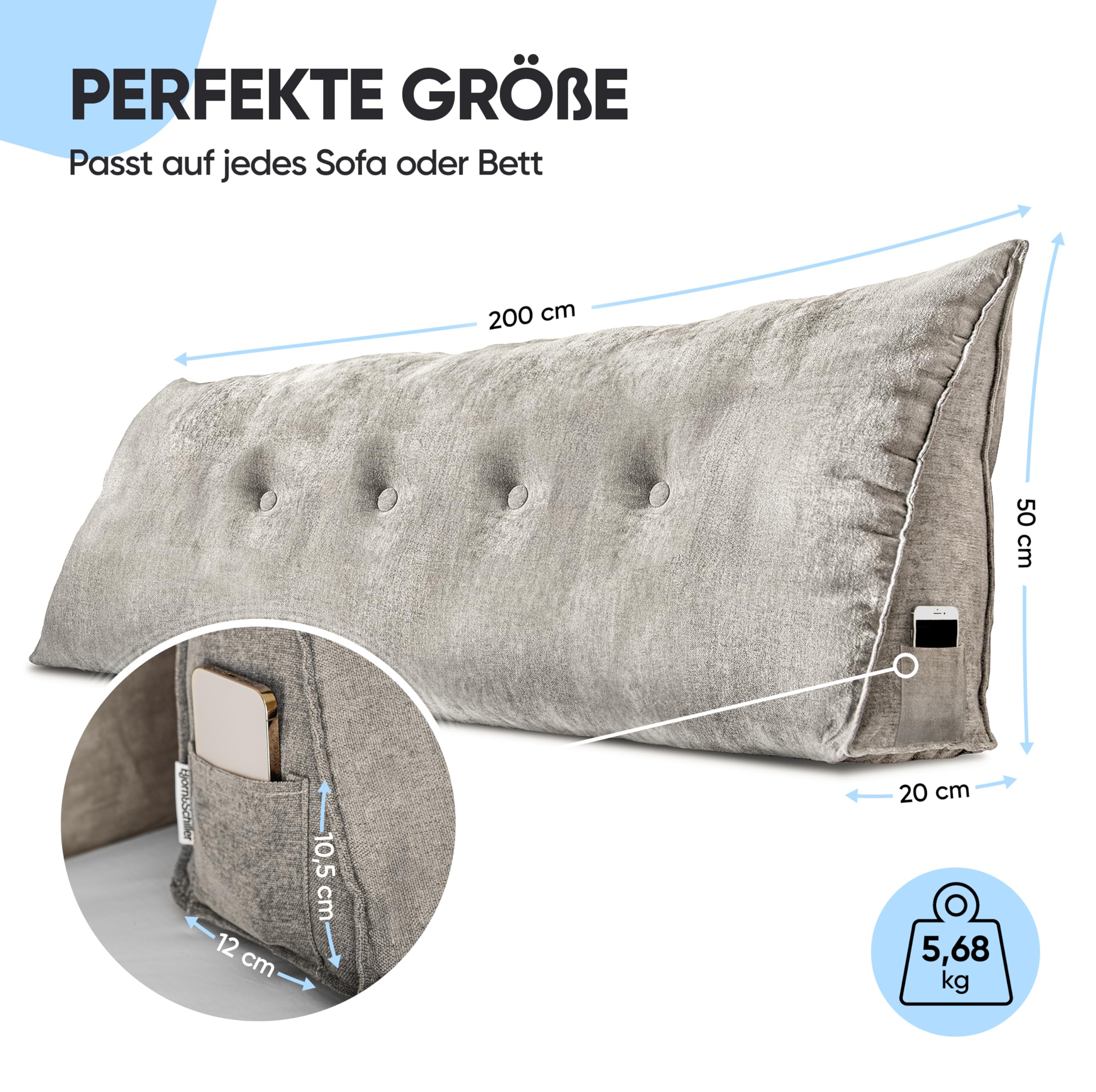 Björn&Schiller rugkussen, Leeskussen voor bed en bank, wigkussen, positioneringsteunkussen, zitkussen, driehoekskussen, groot met wasbare hoes, wigvormig kussen voor op bed (Lichtgrijs, 100 cm