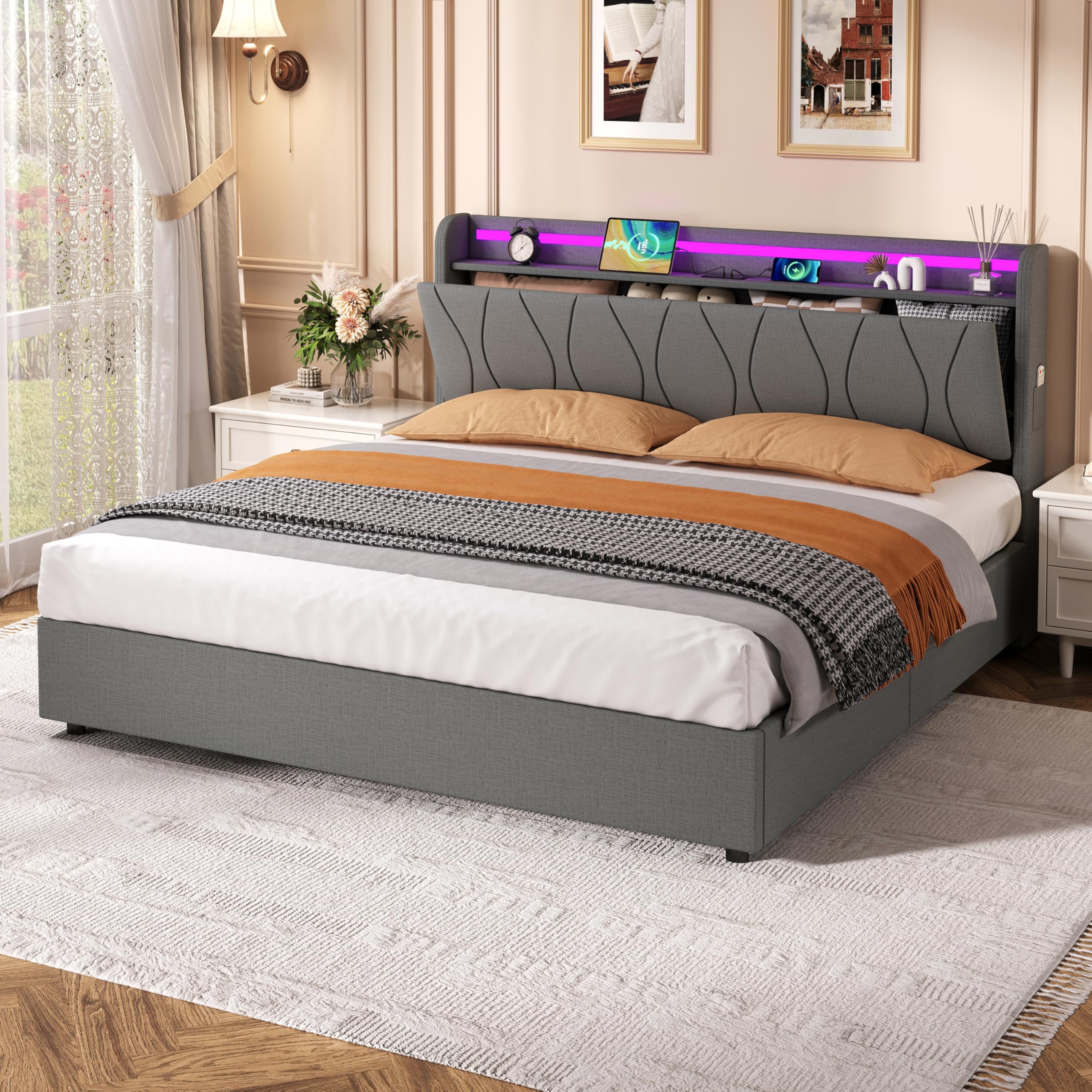 Ball & Cast Bed with Storage, 5ft Ottoman Bed Frame with Headboard & Hydraulic, Upholstered Bed with LED-Lighting & Charging-Station, Linen, 150x200 cm, Grey, No Mattress — image 1