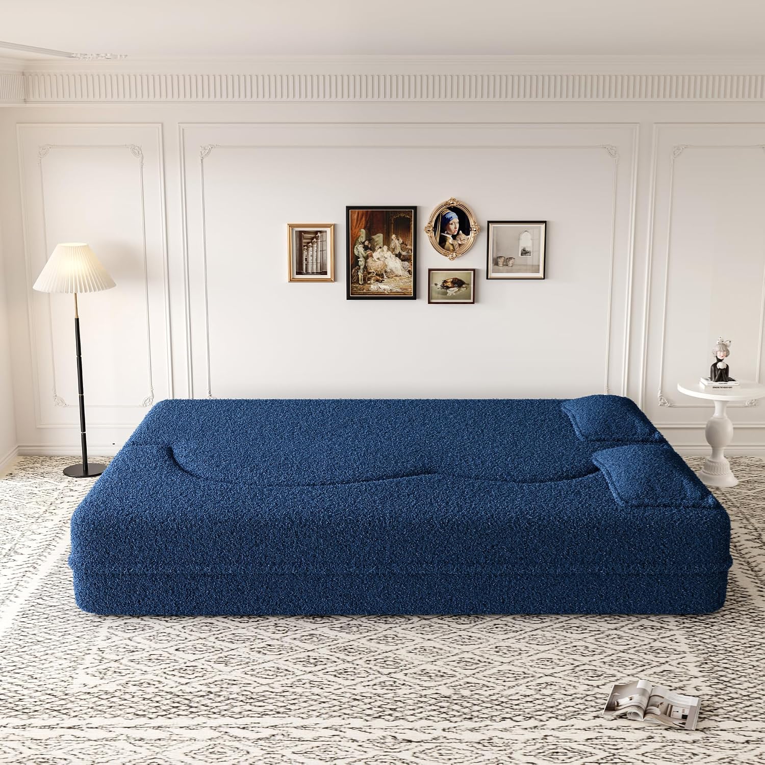 78" Folding Sofa Bed, 2 in 1 Convertible Fold Out Floor Couch, Comfy Teddy Futon Loveseat Sofa Couches with 2 Pillows, Modern Full Foam Mattress Sleeper Sofas for Living Room, Apartment, Blue