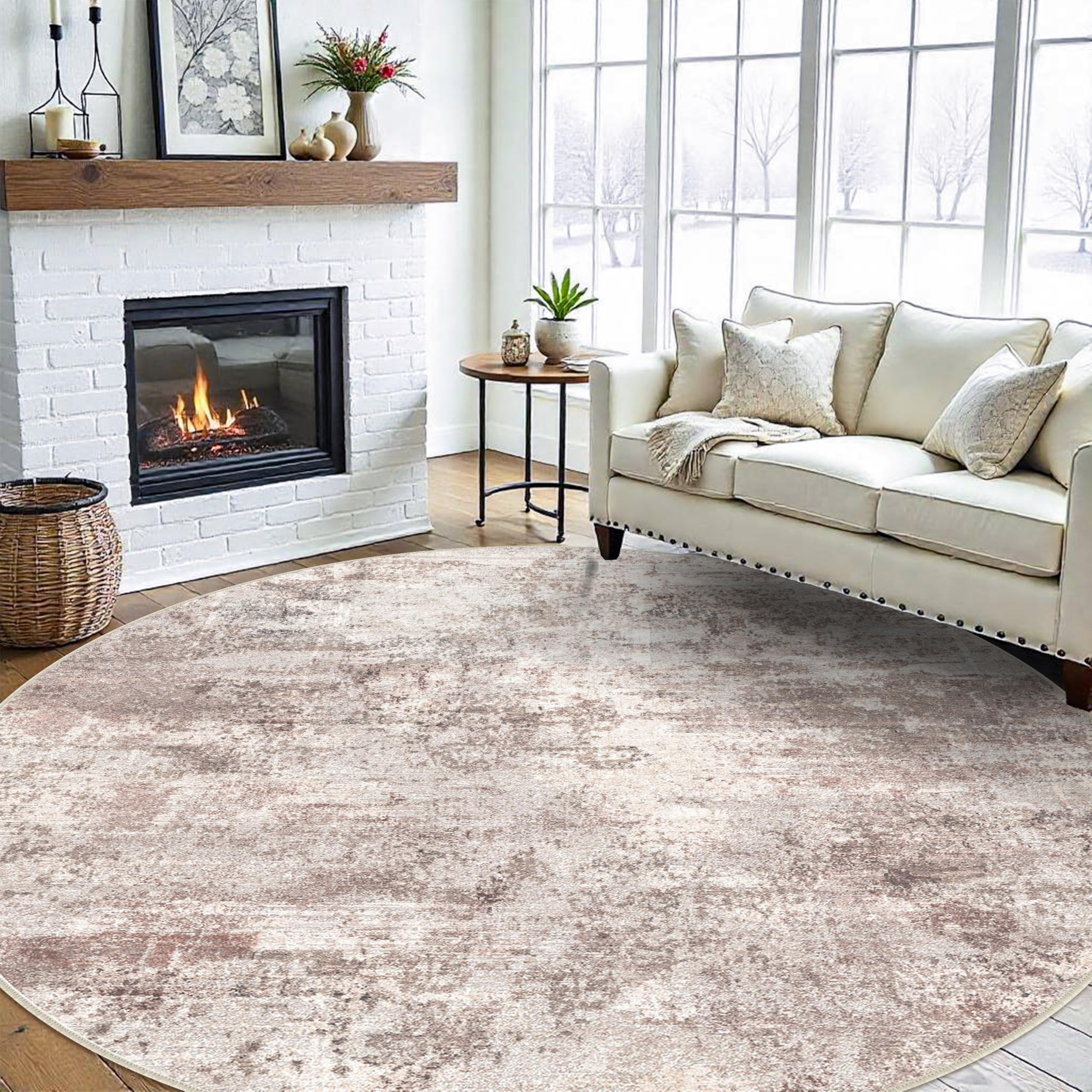 Washable Abstract 9ft Round Rugs - Large Rugs for Living Room Non Slip Indoor Entryway Carpet Bedroom Kitchen Distressed Stain Resistant Floor Decor