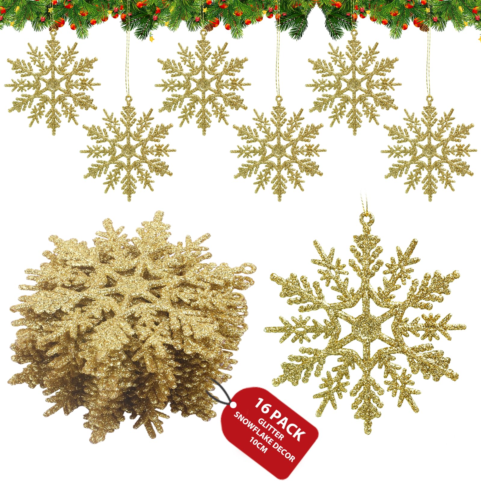 Enjoyard 16 Pieces Gold Snowflake Christmas Tree Decorations,Xmas Snow Flakes Hanging Christmas Decorations,Plastic Snowflake for Home Décor (16, Golden)