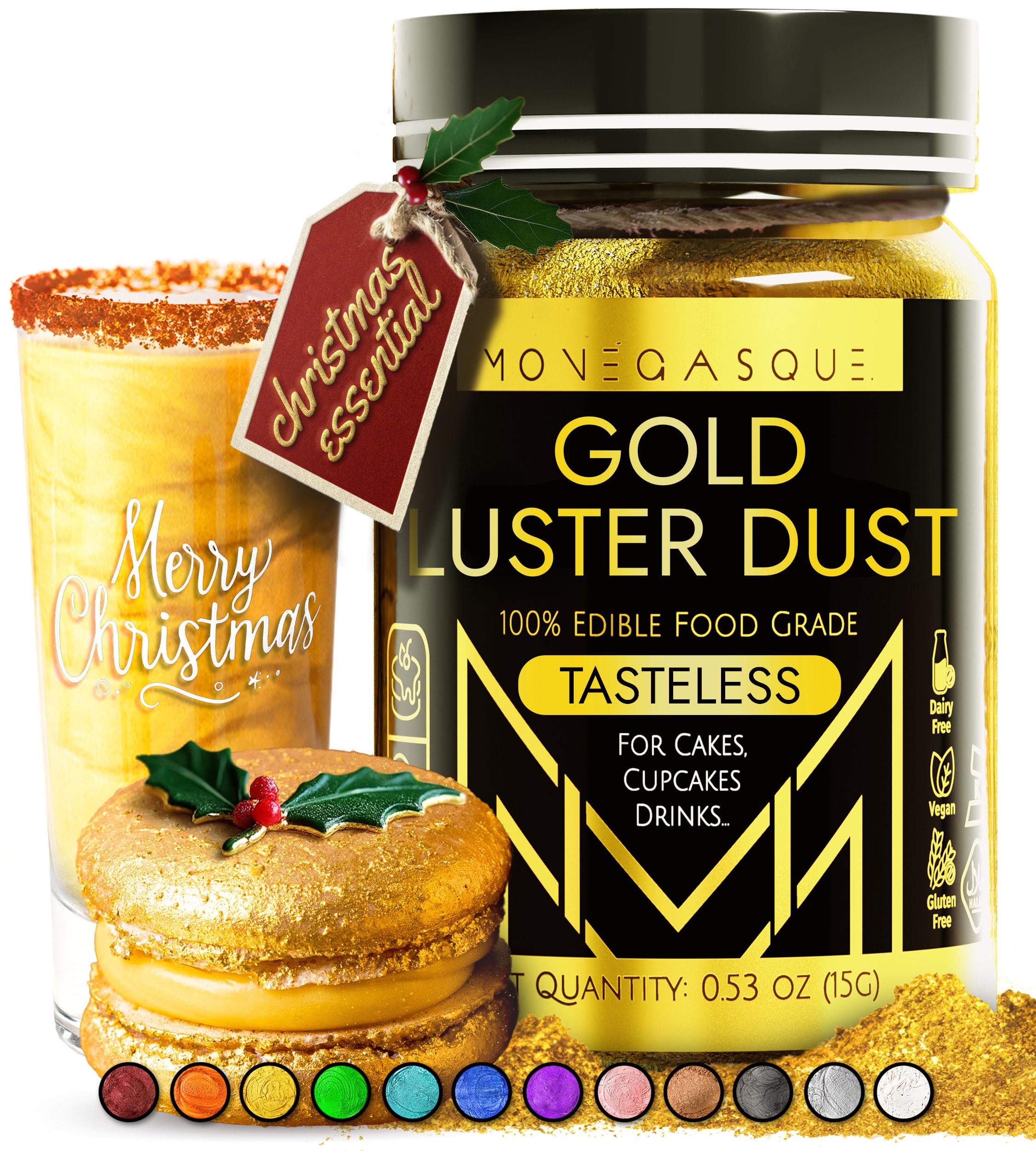 MONÉGASQUE Gold Edible Glitter for Drinks 15g – Edible Glitter for Cakes - Christmas Cake Decorations Spray - Gold Luster Dust for Drinks & Cocktail Shimmer - Drink Shimmer & Cocktails Lustre Dust