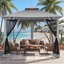 COBIZI Gazebo 10x10 Heavy Duty Gazebos with Improved Nettings Outdoor Gazebo Double Roof Patio Gazebos with Metal Steel Frame Outdoor Canopy for Patio, Deck, Backyard Gray